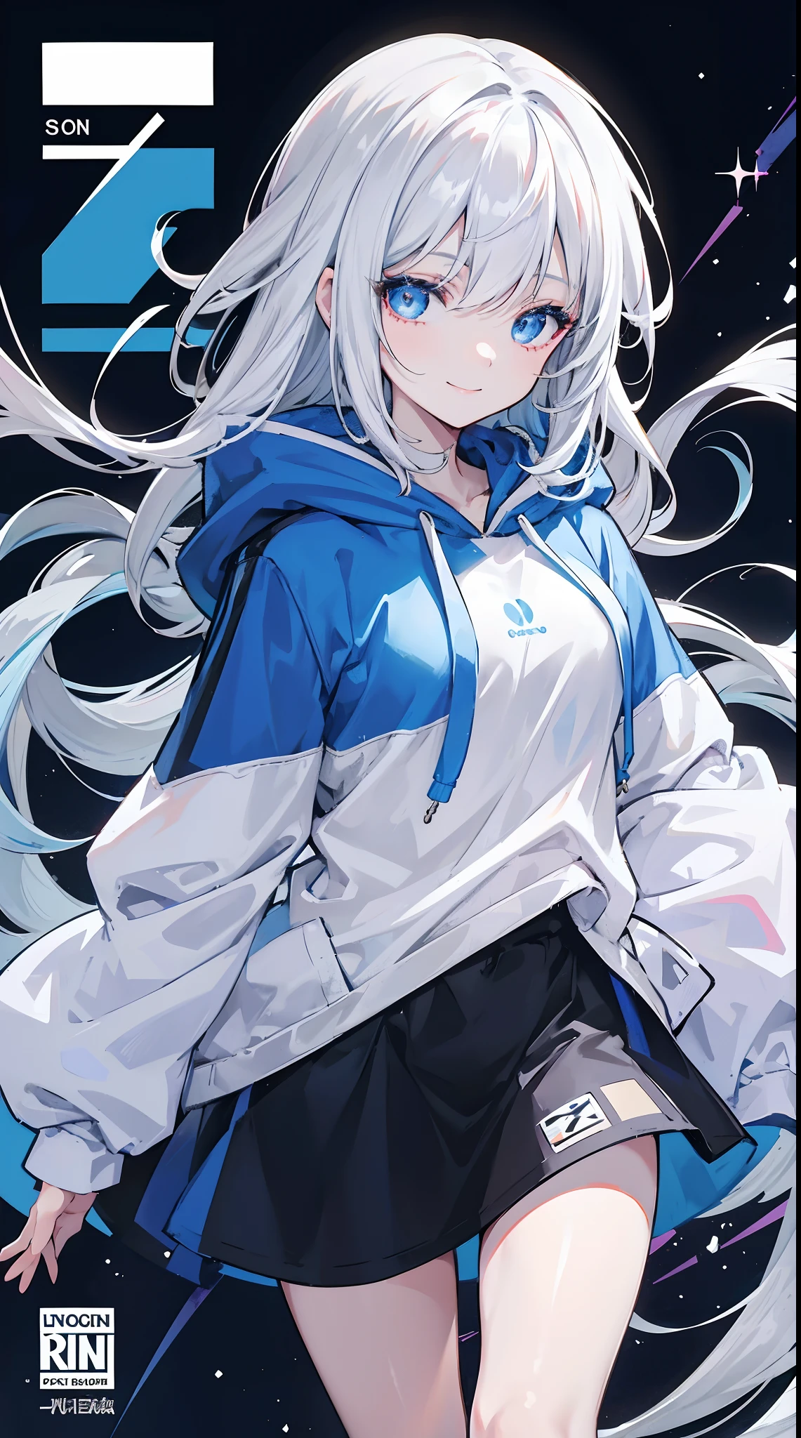 Cover magazine. Solo. 1woman. Anime. A woman with half black and half white hair. Her hair is long. Her eye color is blue. She was very cheerful and liked to smile. She is a poet. Wearing a blue hoodie and his head covered by a hoodie hood. She is full of freedom. Have ahego