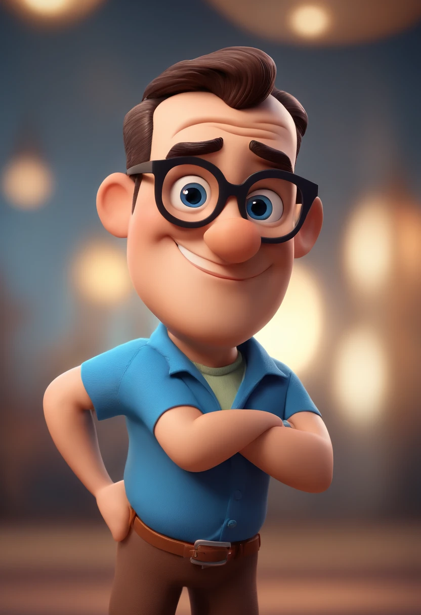 Cartoon character of a man with black glasses and a blue shirt, animation character, Caractere estilizado, animation style rendering, 3D estilizado, Arnold Maya render, 3 d render stylized, toon render keyshot, Personagem 3D, Personagem 3D, 3d rendering stylized, 3 d character render, personagem de desenho animado, Personagem de close up, Pose de personagem,  (Estilo Pixar) (master part:1.2) (Bokeh) (best quality) (pele detalhada) (textura detalhada) (8k) (argila) (Cinematic lighting) (foco nítido