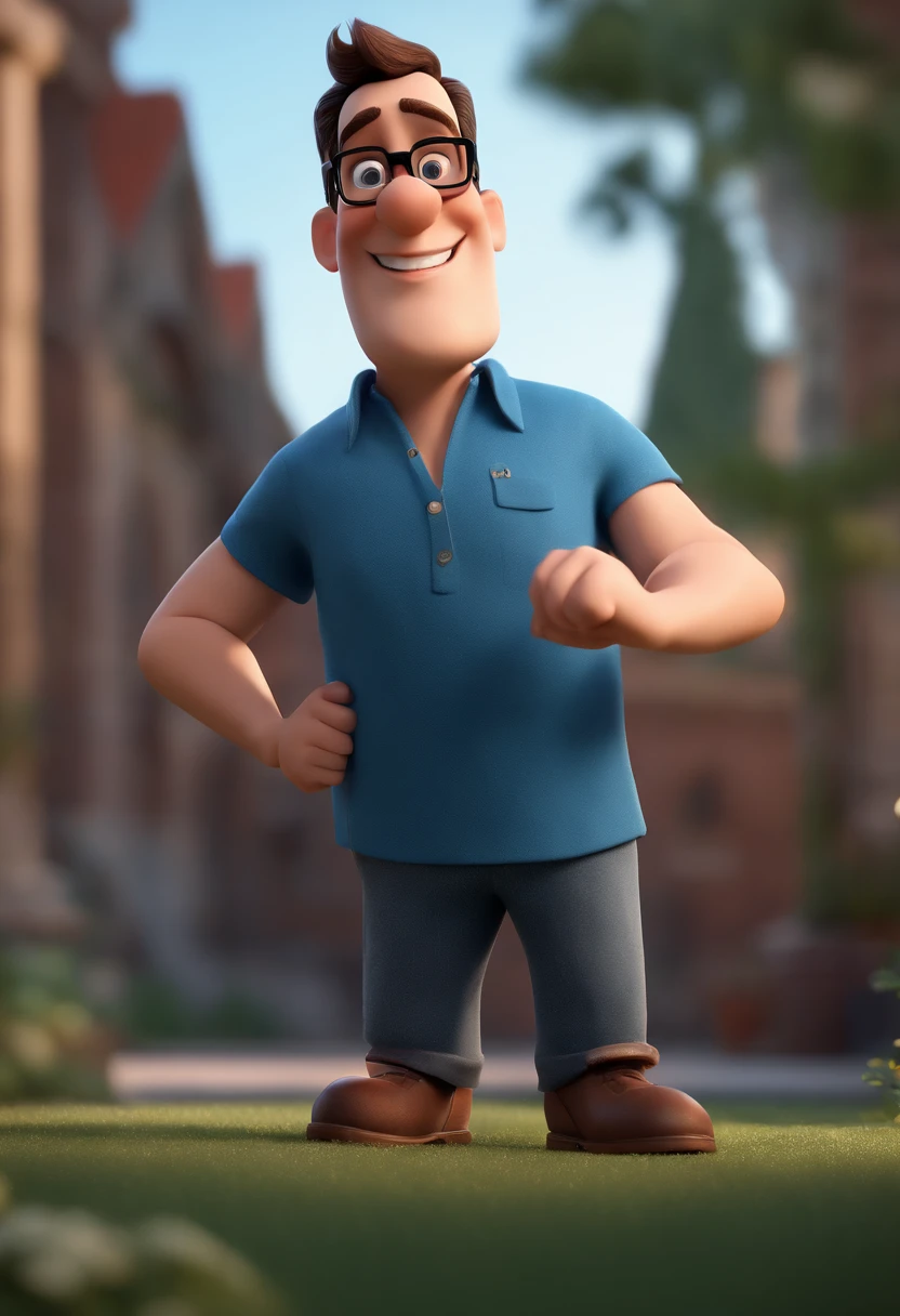 Cartoon character of a man with black glasses and a blue shirt, animation character, Caractere estilizado, animation style rendering, 3D estilizado, Arnold Maya render, 3 d render stylized, toon render keyshot, Personagem 3D, Personagem 3D, 3d rendering stylized, 3 d character render, personagem de desenho animado, Personagem de close up, Pose de personagem,  (Estilo Pixar) (master part:1.2) (Bokeh) (best quality) (pele detalhada) (textura detalhada) (8k) (argila) (Cinematic lighting) (foco nítido