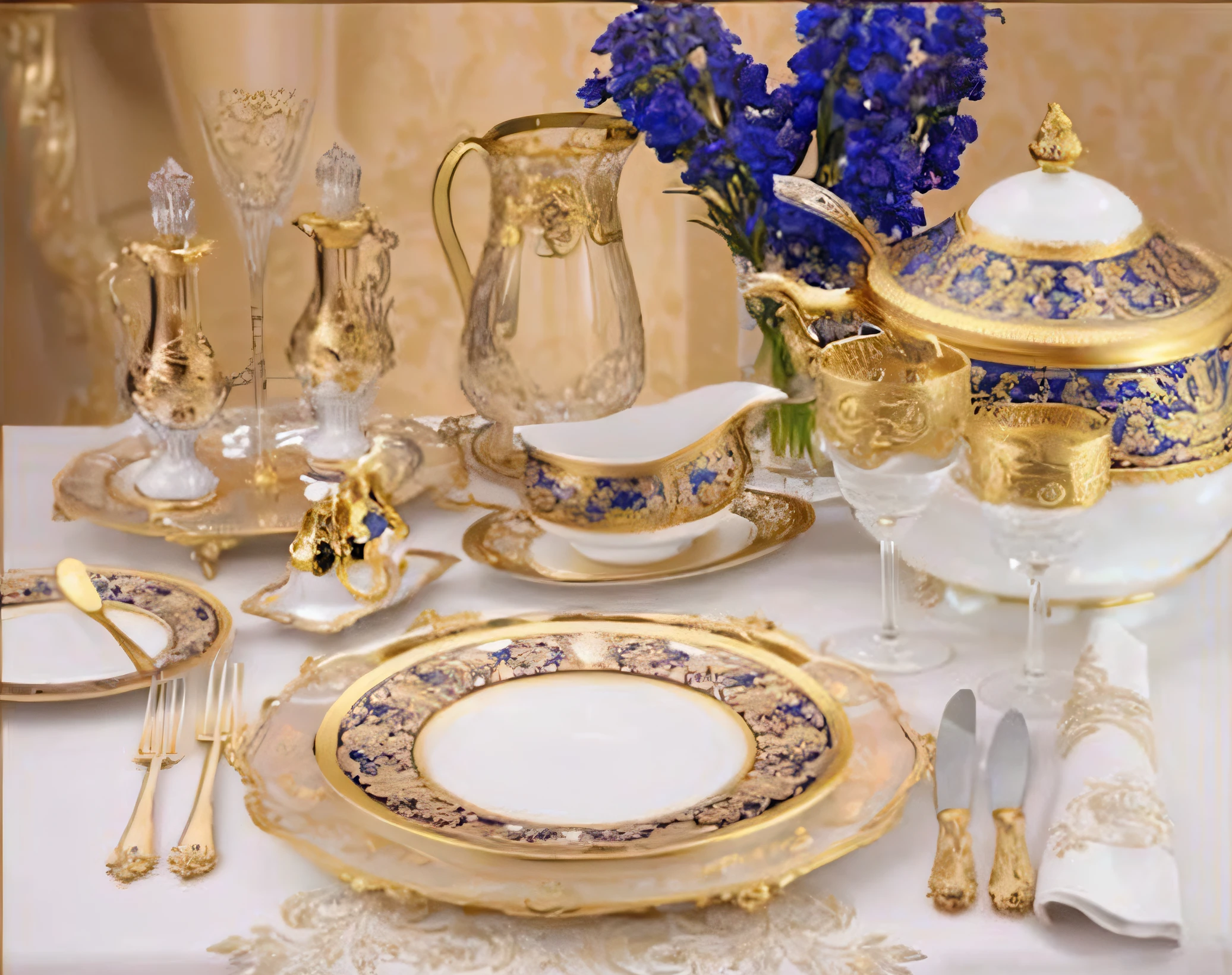 Close-up of table with plates, silverware, And a vase, porcelain, glass tableware, Fine porcelain, triumphant, ornate with gold trimmings, inlaid with gold rococo, elegant baroque, opulent, elegant intricate, enchanted surroundings, gold and luxury materials, victorian setting, exquisite fine details, opulence, ellegance, Fine dining