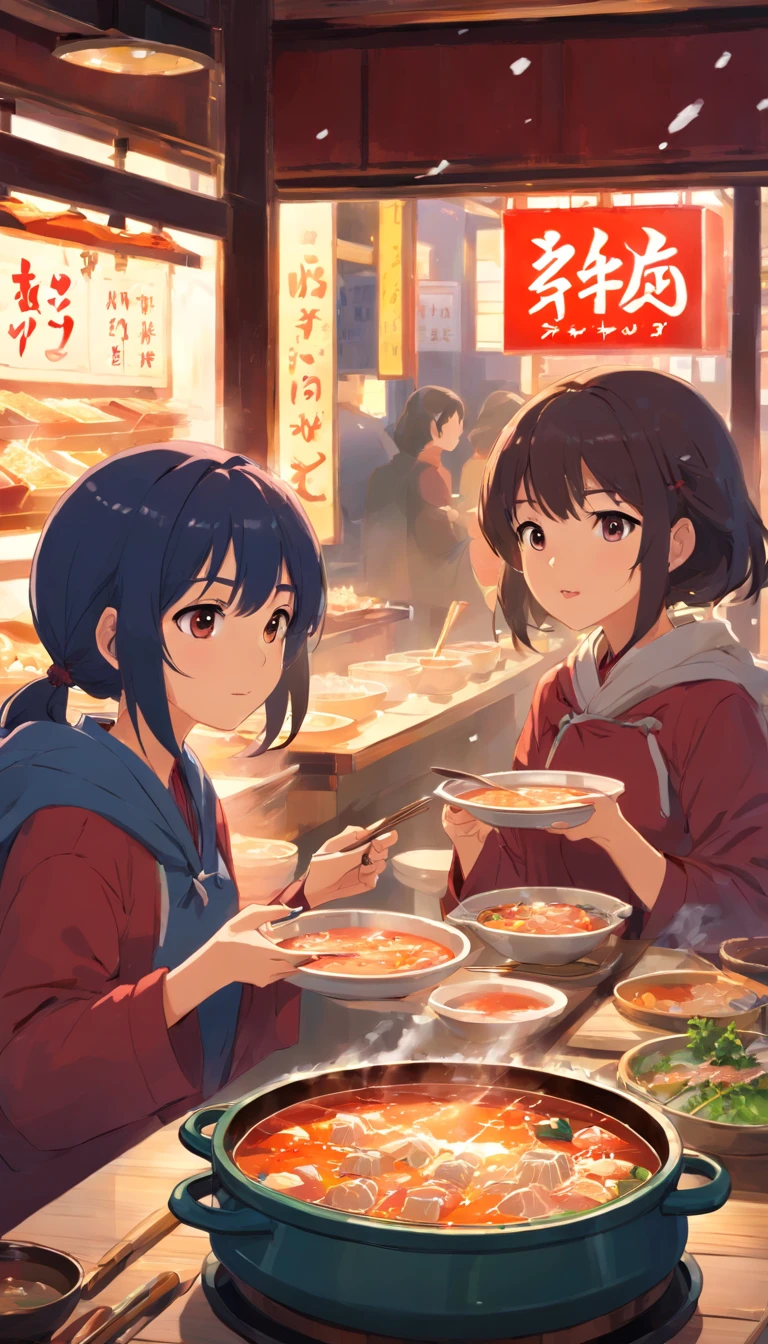 Two girls eating hot pot,Red pot,Hot pot restaurants are crowded,It was snowing outside the window