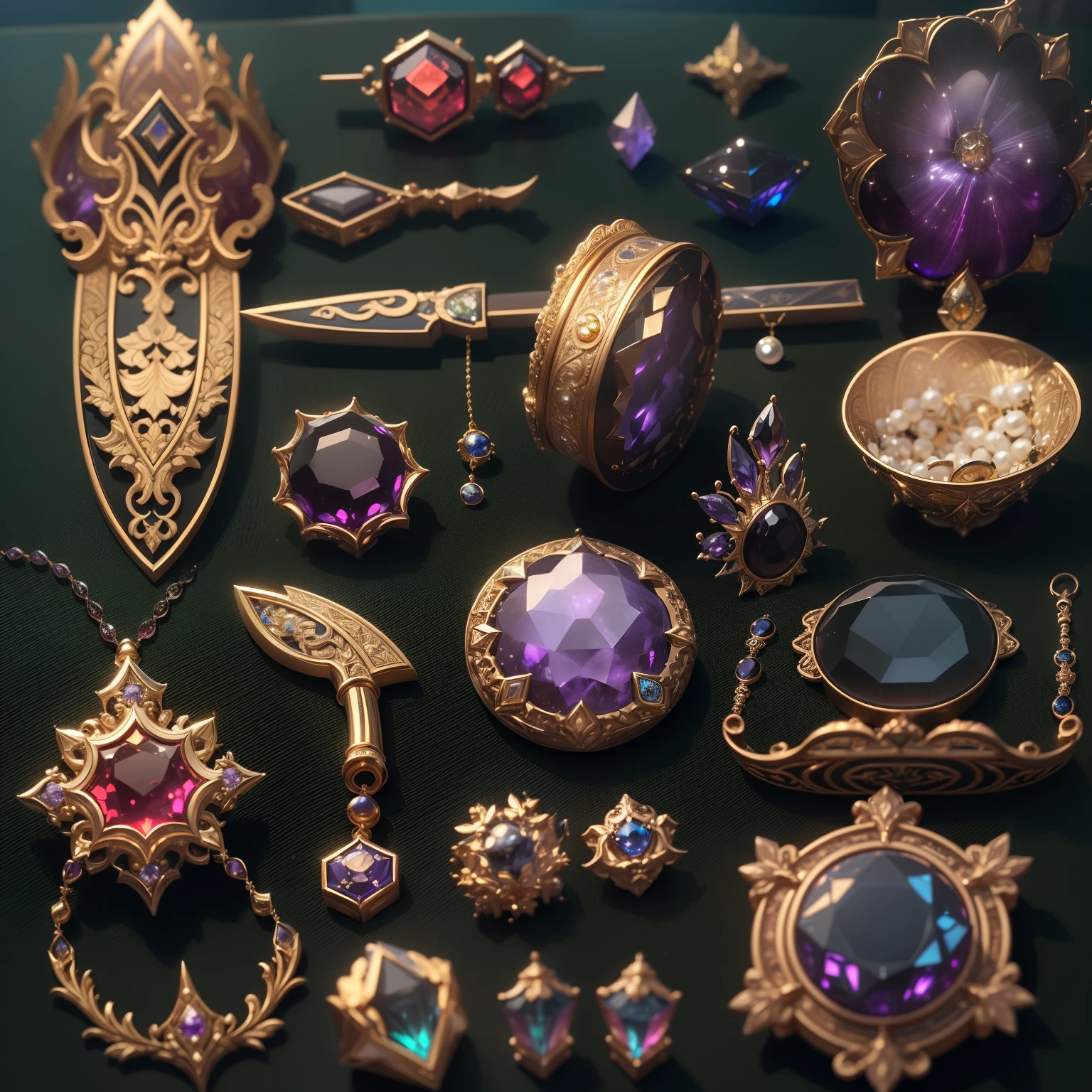 in the style of futurism,(Full Focus:2),(Everything is laid out in the window:1.3),(Luxurious silk|medal|Hours|Luxury weapons|obsidian|pearls|Hisui|White jade|amethyst|Sapphires|Jewelry made of gold|Silverware|Purple gold|Magic jewelry|antiquarian|The Red Jewel|diamond|Topaz|:2),Magic symbols,The effect of magic light particles,High-tech luxury, Expensive jewelry,,Expensive metals,Luxuries,Puzzles are forbidden, Detailed and complex background, sparkly, reflection light, Гипер HD, Award-winning, hight resolution, high detail, chiaroscuro, Cinematic lighting, Masterpiece, ray traced,Structurally correct, super detaill, hiquality, High Details, Best Quality, 16k
