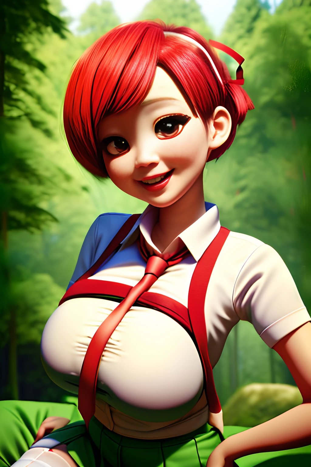 masutepiece, bimbo in the forest, white shirt, green skirt ,Red tie, Red Hair Ribbon, White stockings, 8K, Green hair, giga_busty