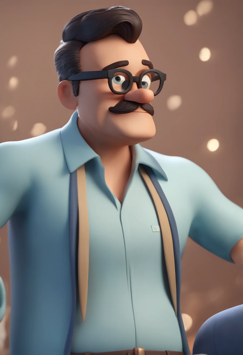Cartoon character of a man wearing black glasses and a blue shirt, um personagem animado, Caractere estilizado, animation style rendering, 3D estilizado, Arnold Maya render, 3 d render stylized, toon render keyshot, Personagem 3D, Personagem 3D, 3d rendering stylized, 3 d character render, personagem de desenho animado, Personagem de close up, Pose de personagem, (Estilo Pixar) (master part:1.2) (Bokeh) (best quality) (pele detalhada) (textura detalhada) (8k) (argila) (Cinematic lighting) (foco nítido,Senta e vaza a parte superior do corpo