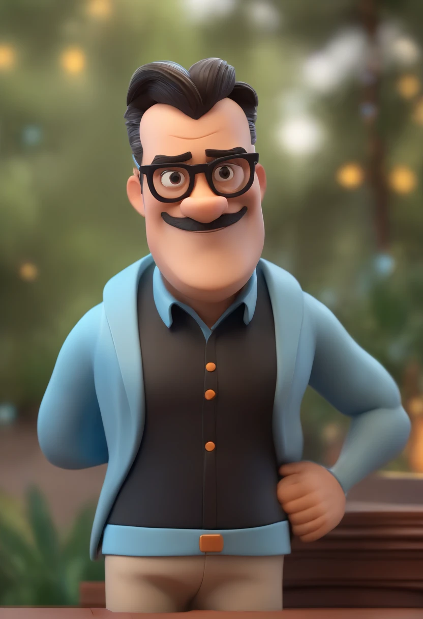Cartoon character of a man wearing black glasses and a blue shirt, um personagem animado, Caractere estilizado, animation style rendering, 3D estilizado, Arnold Maya render, 3 d render stylized, toon render keyshot, Personagem 3D, Personagem 3D, 3d rendering stylized, 3 d character render, personagem de desenho animado, Personagem de close up, Pose de personagem, (Estilo Pixar) (master part:1.2) (Bokeh) (best quality) (pele detalhada) (textura detalhada) (8k) (argila) (Cinematic lighting) (foco nítido，Senta e vaza a parte superior do corpo