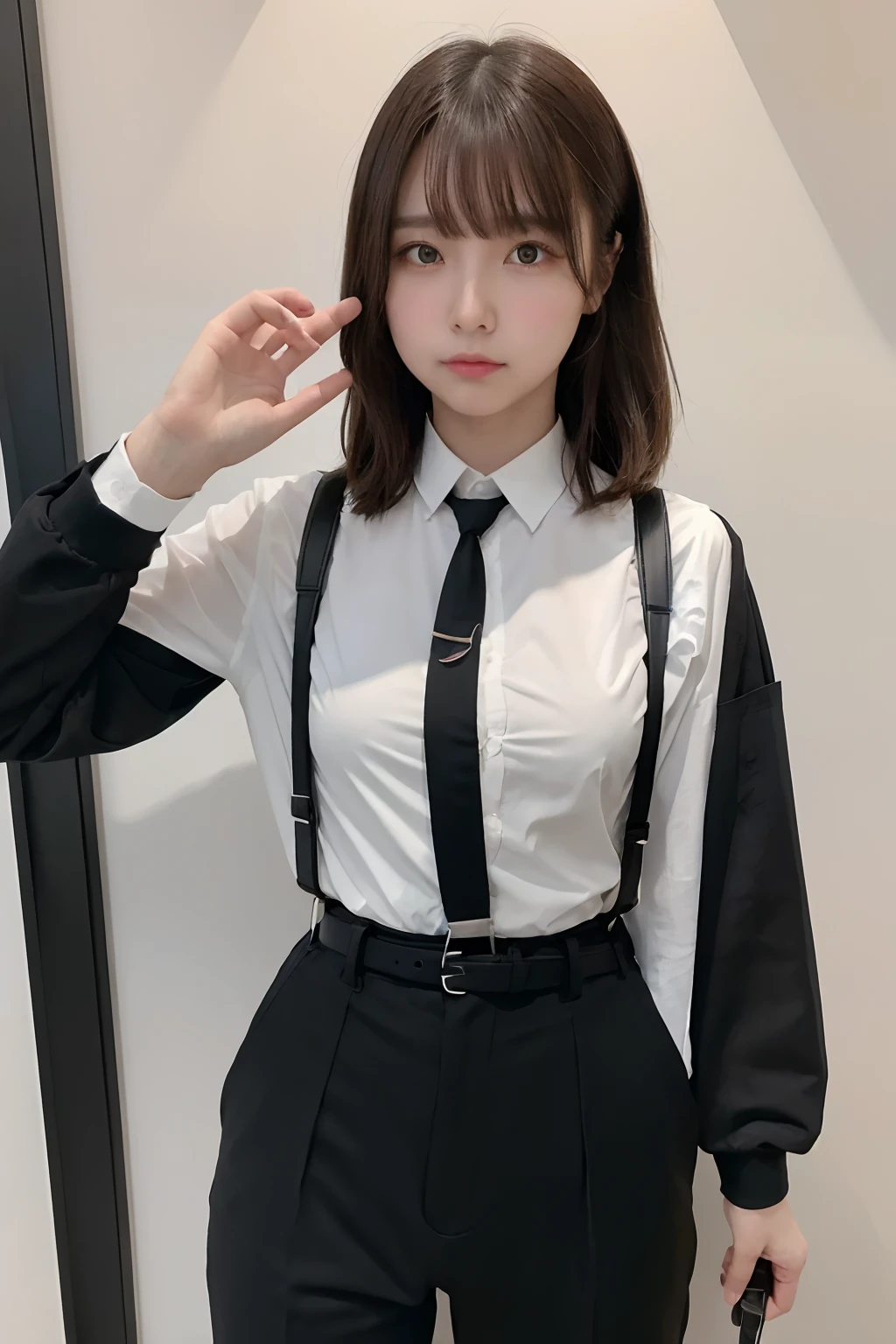 ​masterpiece、flat-colors、depth of fields、lens flare 1 girl、、Brown hair、watching at viewers　　　　a belt　black suspenders　Social OL　　　huge-breasted　　　 　 Armpit sweat　perspiring　Side of both hands　　walls: Black Suit　Black pants, Black jacket holster　arm　Leg holster　arm　Knife Carrying　arma　Gaze　　No tie　tiarra　No bangs　Small face