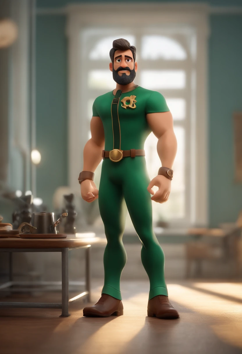 Personagem de desenho animado de um homem careca, olhos verde, com barba lenhador e uma camisa azul, e terno preto em personagem animado, Caractere estilizado, animation style rendering, 3D estilizado, Arnold Maya render, 3 d render stylized, toon render keyshot, Personagem 3D, Personagem 3D, 3d rendering stylized, 3 d character render, personagem de desenho animado, Personagem de close up, Pose de personagem, (Estilo Pixar) (master part:1.2) (Bokeh) (best quality) (pele detalhada) (textura detalhada) (8k) (argila) (Cinematic lighting) (foco nítido,Senta e vaza a parte superior do corpo