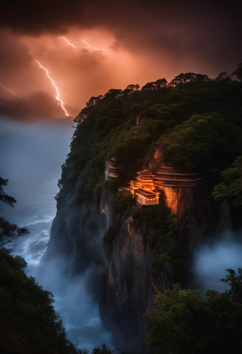 immortal,ember,Drive lightning and lightning,cliffside,Taoist,The scene is grand,Lightning,surrounded by cloud