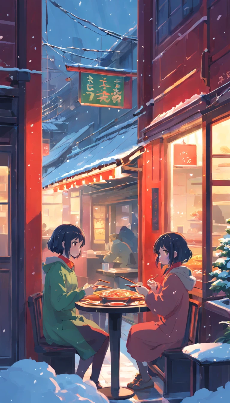 Two girls eating hot pot,Red pot,Hot pot restaurants are crowded,It was snowing outside the window