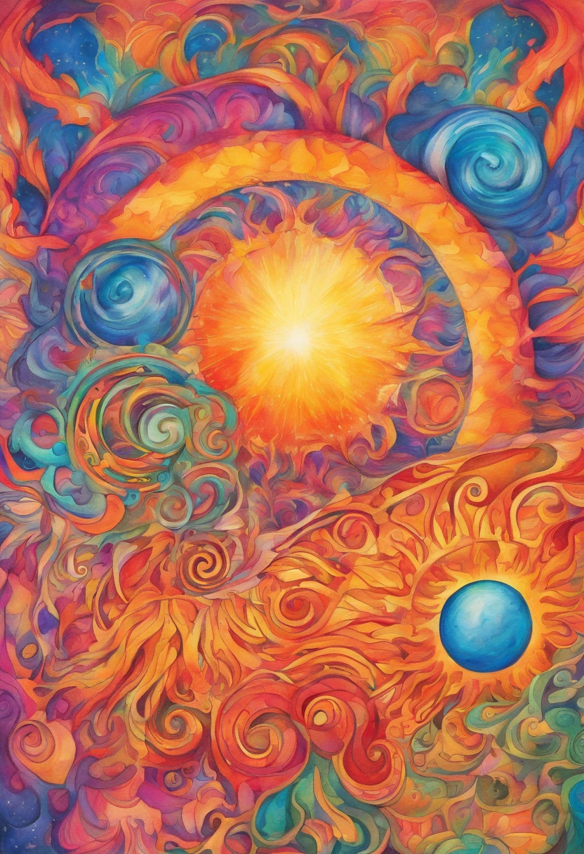 Vivid watercolor pencil drawing of a sun and quarter-moon in one. Wind; fire; rotating clockwise.