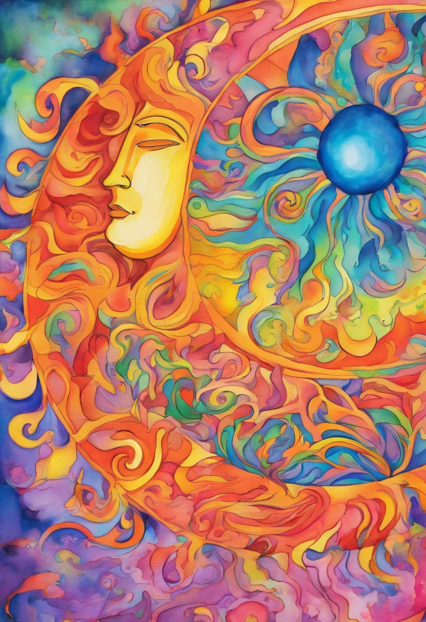 Vivid watercolor pencil drawing of a sun and quarter-moon in one. Wind; fire; rotating clockwise.