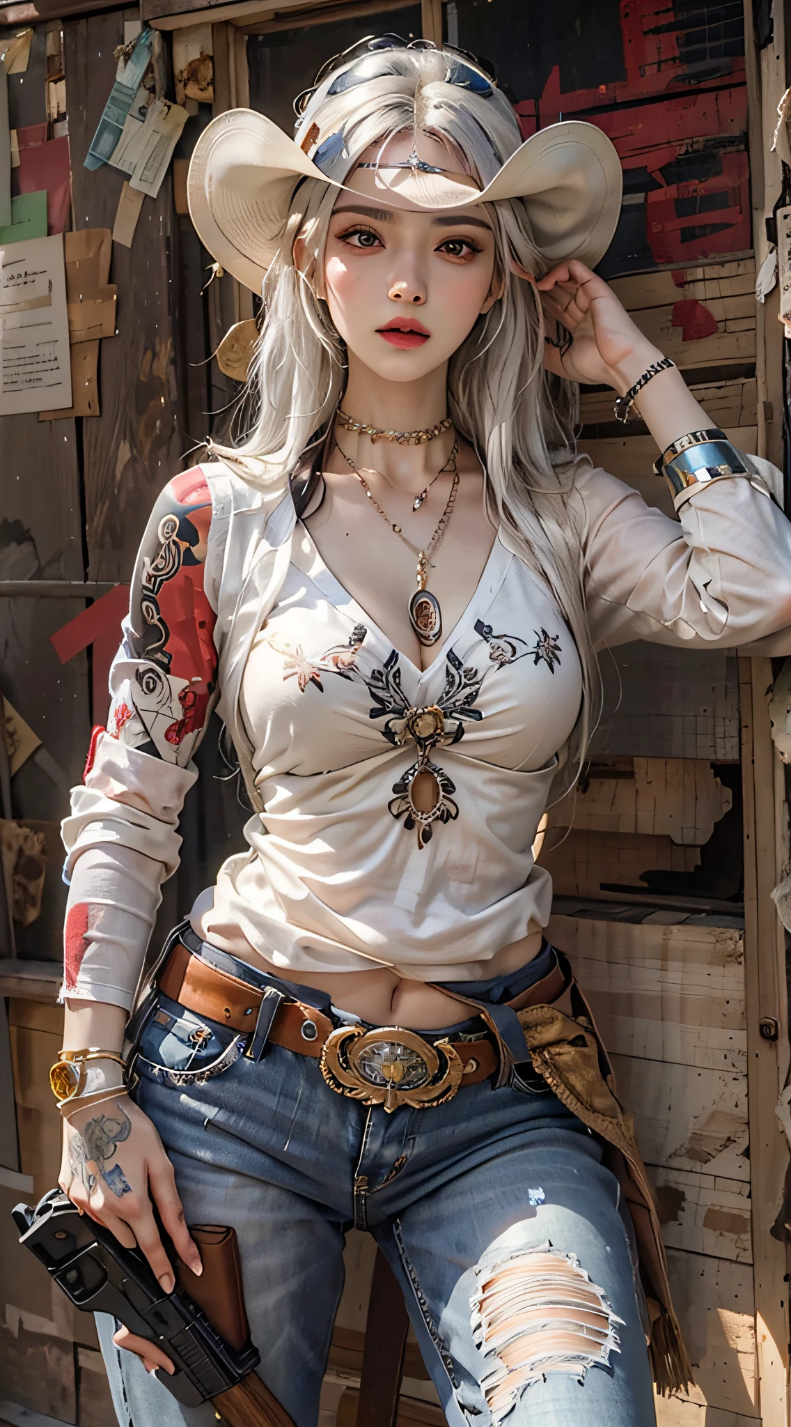Photorealistic, high resolution, 1womanl, Solo, Hips up, view the viewer, (Detailed face), White hair, cowboy, Gun, jewelry, tattoo