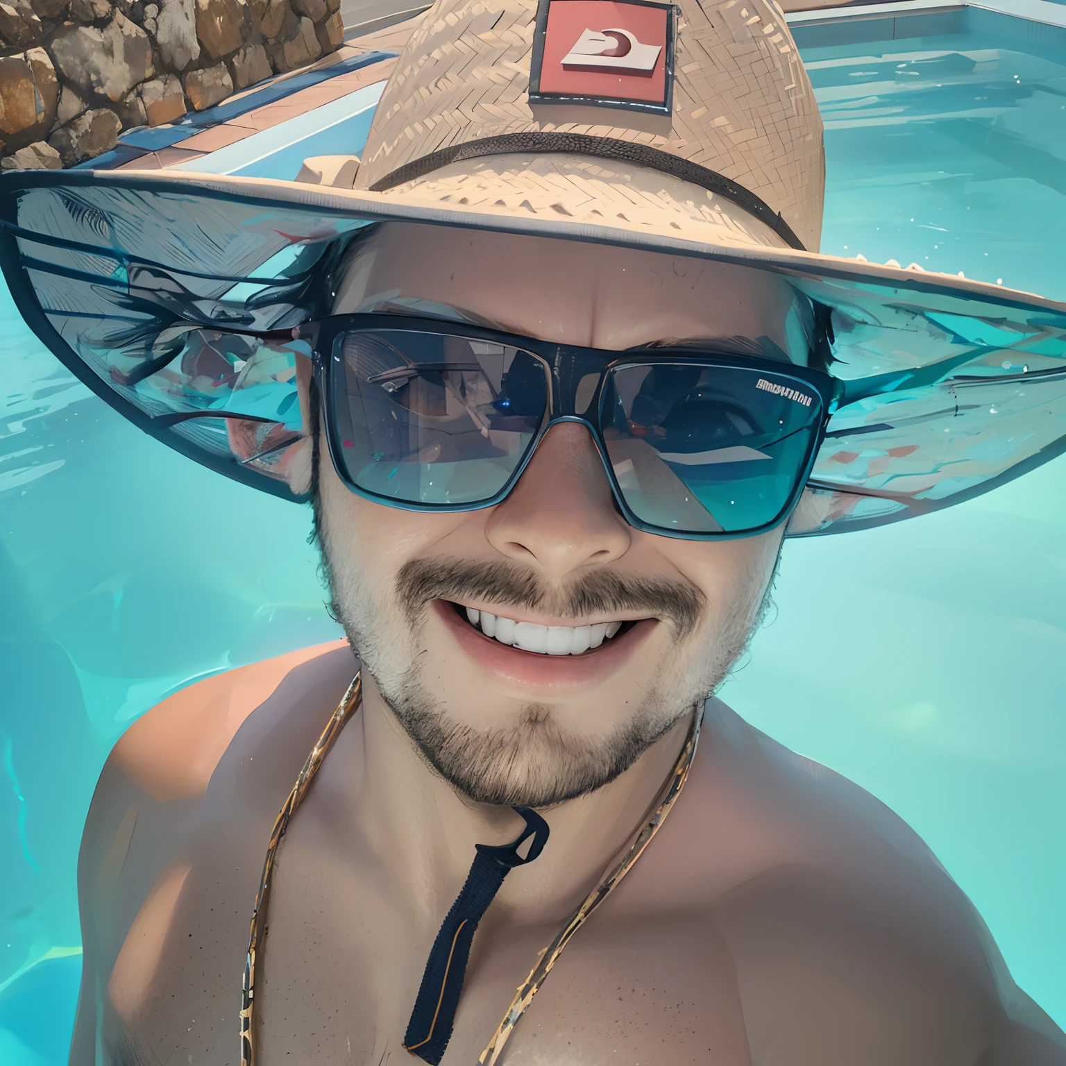 Man in hat and sunglasses holding a can of beer, wearing sunglasses and a hat, Homem de 4 0 anos, Homens de 45 anos, mais rosto bronzeado, foto de praia, em uma praia, cerca de 3 5 anos, em uma praia tropical, wearing sunglasses and a cap, 38 anos, ele tem cerca de 40 anos