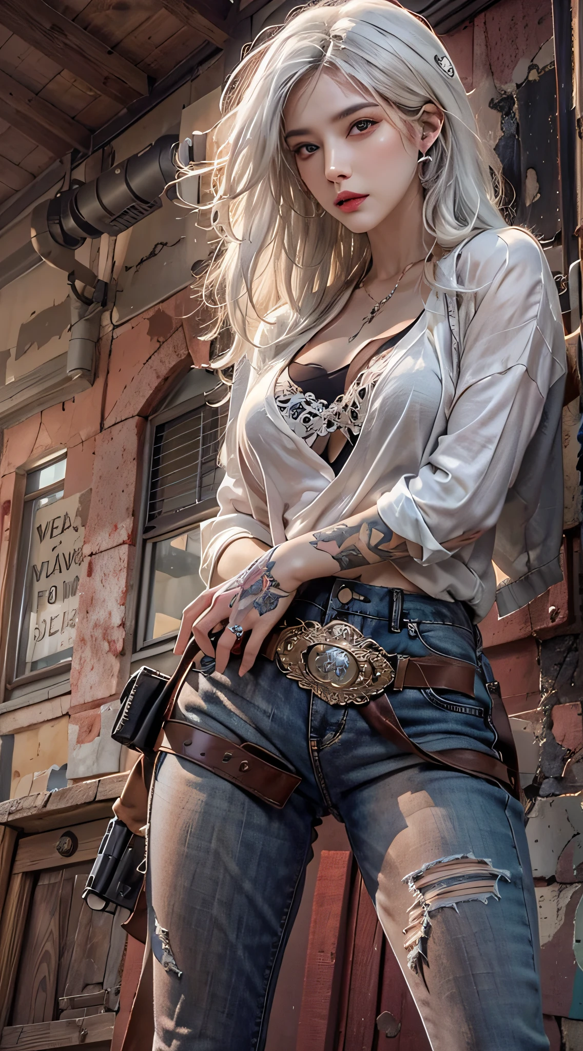 Photorealistic, high resolution, 1womanl, Solo, Hips up, view the viewer, (Detailed face), White hair, cowboy, Gun, jewelry, tattoo