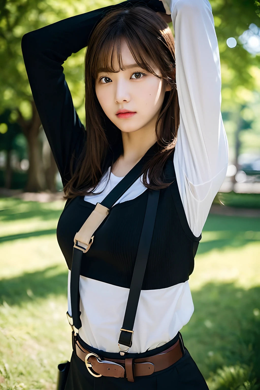 masterpiece、flat-colors、depth of fields、lens flare 1 girl、、Brown hair、watching at viewers a belt black suspenders large full breasts Armpit sweat perspiring Side of both hands walls: Black pants, Black jacket holster arm Leg holster arma Gaze Small face