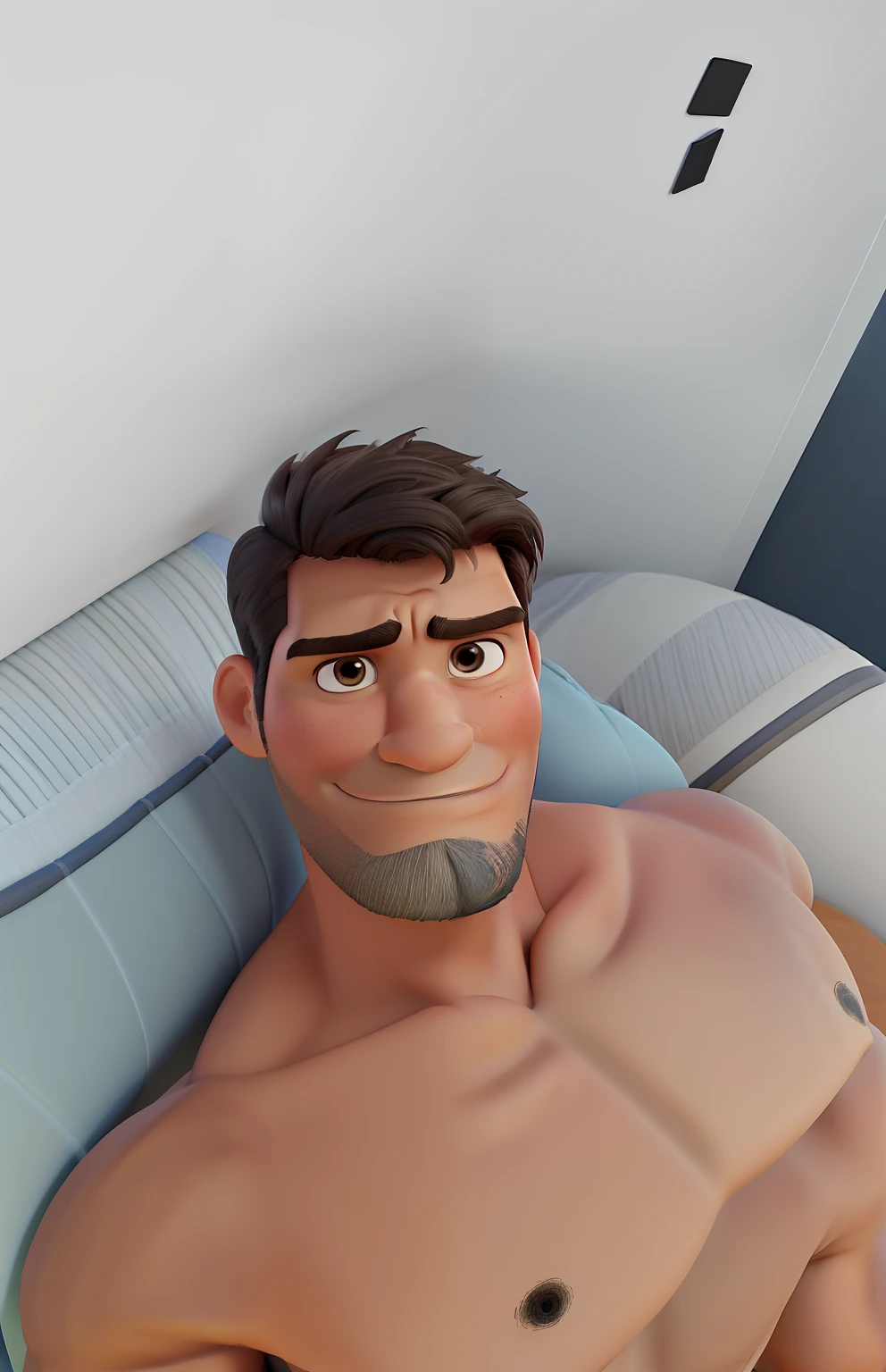 Poster no estilo Disney pixar, alta qualidade, melhor qualidade, homem sexy mulato, 33 anos cabelo preto, barba preta, serious face, olhos pretos, silver cord on neck, musculoso, com fundo em uma cama