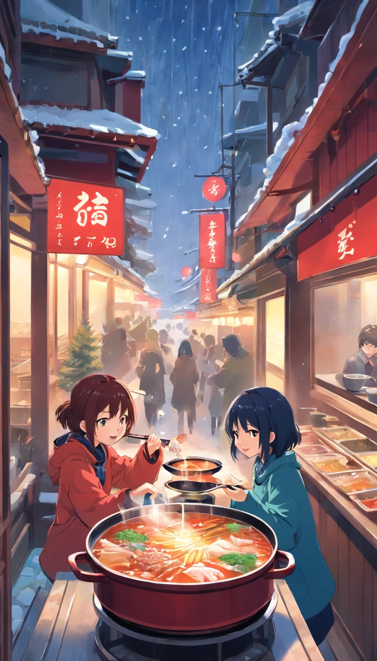 Two girls eating hot pot，Red pot，Hot pot restaurants are crowded，It was snowing outside the window