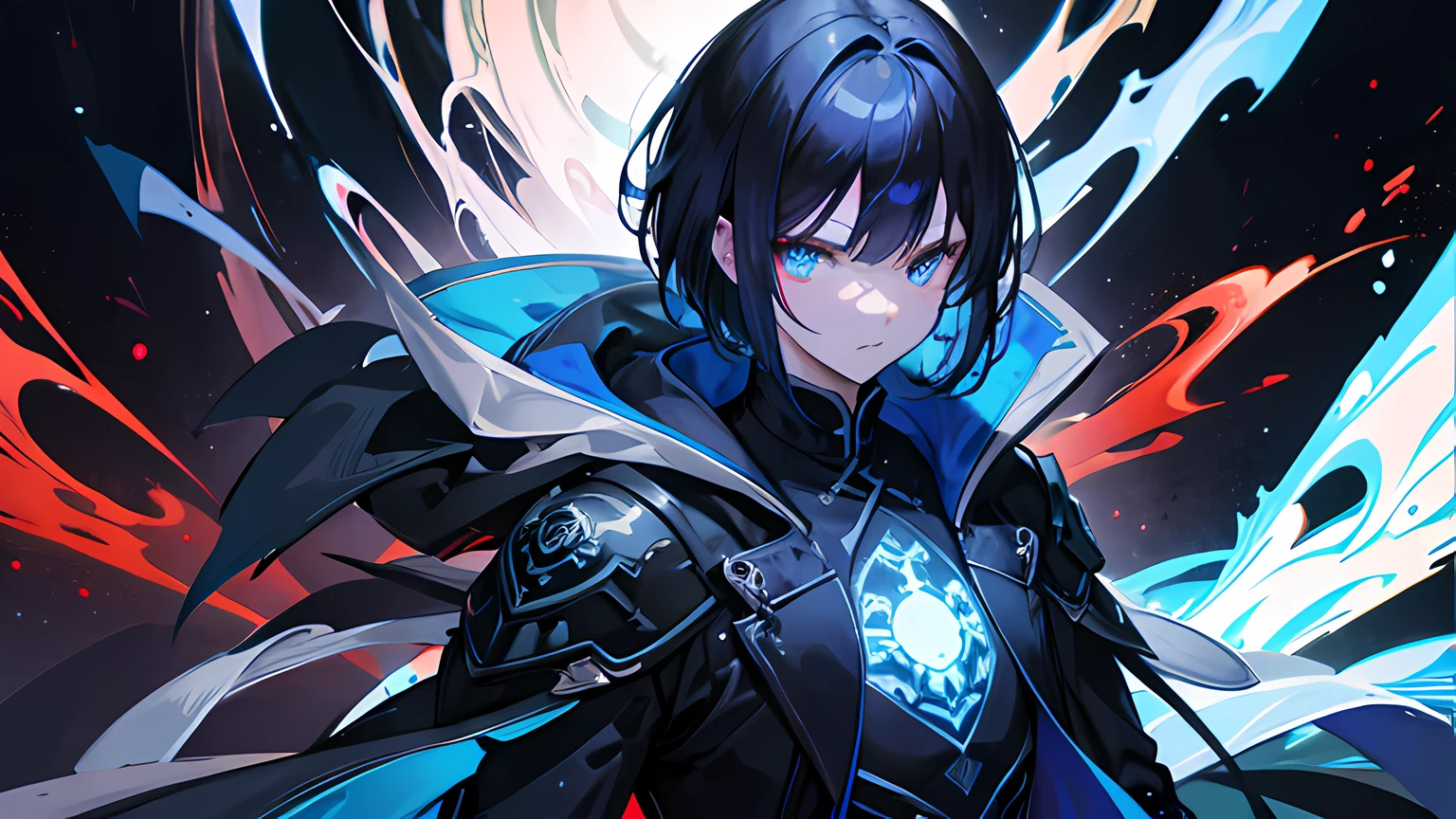 {[{{"Magnificent dark atmosphere, 4k artwork of man with black hair and glowing blue eyes, short-haired,China Feng Shui Expert,."}]}}