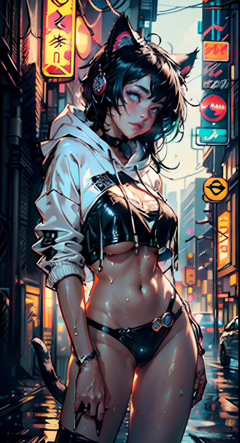 girl spacepunk,(((1girl))),((beautiful girl with bright and luminous cat ears)),
(large breasts:1.4),saggy breasts,((((black hair,black messy hair,colored inner hair,large hair,absurdly long unkempt hair:1.35,long black hair,ear breathing)))),((((cat ears,cat ears on head,big cat ears, glowing cat ears:1.5)))),(((pink eyes:1.3,upturned eyes:1.3,perfect eyes,beautiful detailed eyes,finely detailed beautiful eyes:1,symmetrical eyes:1))),((fat)),(((lustrous skin:1.5,bright skin: 1.5,skin tanned,shiny skin,very shiny skin,shiny body,plastic glitter skin,exaggerated shiny skin, illuminated skin, wet legs))),(spider lower abdomen,narrow waist,wide hip,athletic body,inflated legs,delicate detailed fingers,detailed body,human hands,(detailed face)),
cute,slutty,seductive,erotic,(((nsfw))),
zettai ryouiki,revealing clothing,show skin,((((underboob)))),(cleavage),(semi-naked,with little clothing,((tiny thong)),bare legs,visible thong straps),((((crop top hoodie,cropped hoodie,hoodie,hoodie intricate)))),((wet clothes,detailed outfit,detailed clothes)),
(dynamic pose:1.0),solo focus,embarrassed,(centered,scale to fit dimensions,Rule of thirds),
((((cyberpunk city by the ocean,huge buildings,neon signs,puddles)))),stormy sky,threatening sky,dark clouds,((synthwave background theme,detailed background : 1.25)),((((night,nice lighting decorations,detailed architecture)))),
(best quality,high resolution,sharp focus,ultra detailed,extremely detailed,extremely high quality artwork,(realistic,photorealistic:1.37),8k_wallpaper,(extremely detailed CG 8k),(very fine 8K CG),((hyper super ultra detailed perfect piece)),flawless,(((masterpiece))),illustration,vibrant colors,(intricate),High contrast,Selective lighting,Double exposure,HDR (High Dynamic Range),Post-processing,Background blur,