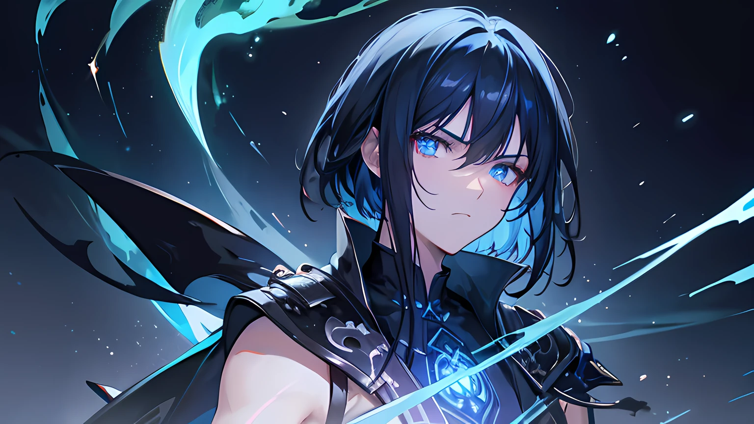 {[{{"Magnificent dark atmosphere, 4k artwork of man with black hair and glowing blue eyes, short-haired,China Feng Shui Expert,."}]}}