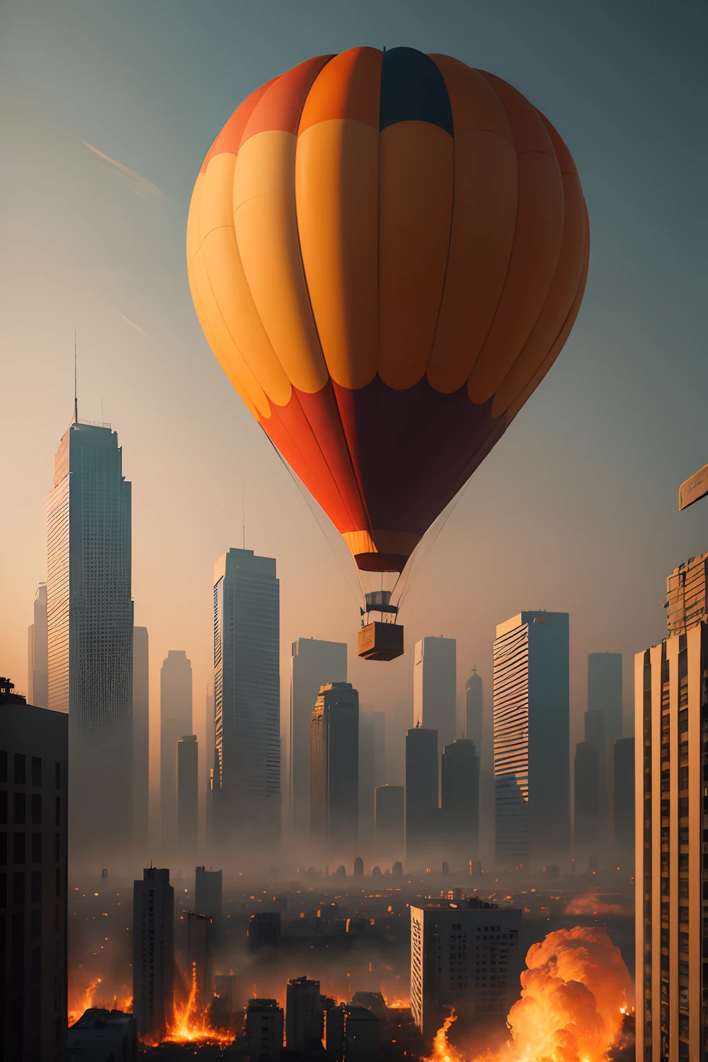 A burning hot air balloon is descending over a dilapidated city, threading through the crumbling skyscrapers. The balloon's vibrant colors, engulfed in flames, provide a stark contrast to the desolate urban backdrop. The intense heat radiating from the balloon creates an eerie shimmer in the air, distorting the surrounding buildings. The sky above is illuminated by the fiery glow, casting an ominous light on the city below.
To enhance the visual quality and detail of the image, please include the following tags:
(best quality, 4k, 8k, highres, masterpiece:1.2), ultra-detailed, (realistic, photorealistic, photo-realistic:1.37), HDR, UHD, studio lighting, ultra-fine painting, sharp focus, physically-based rendering, extreme detail description, professional, vivid colors, bokeh.
The overall art style should embody a mixture of conceptual art and dystopian aesthetics, blending elements of ruin and destruction with a touch of surrealism. The color palette should be predominantly dark and somber, with hints of fiery reds and oranges from the burning hot air balloon. The lighting should emphasize the contrast between light and shadow, creating a sense of mystery and drama in the scene.
Please ensure that the prompt adheres to the given specifications. Remember to order the tags based on their importance, and avoid using any explanations or unnecessary text.