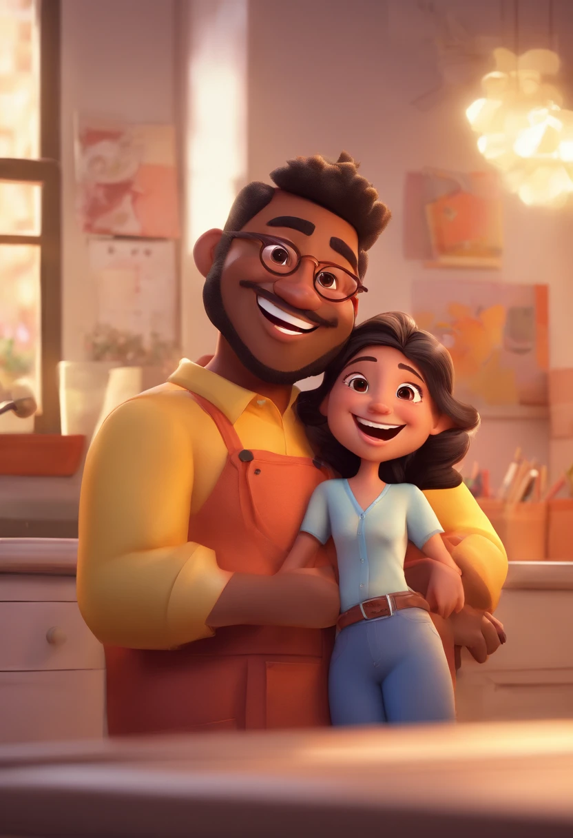 An illustration of an adorable couple, Highlight for a chubby mulatto man with glasses smiling and a brunette woman with beautiful expressive eyes - the man's skin is mulatto and the man's hair haswhile the woman's skin is black and the woman's hair is straight and brown. They are a bright room, cada um com um sorriso no rosto, e compartilhar um momento especial caracterizado pelo amor, Insights. Illustrate this scene from a perspective where they are facing the camera, Smiling and Showing Your Connection. Desenvolva esta arte em Full HD, Focus on your cinematic touch, Estilo Disney Pixar Animations