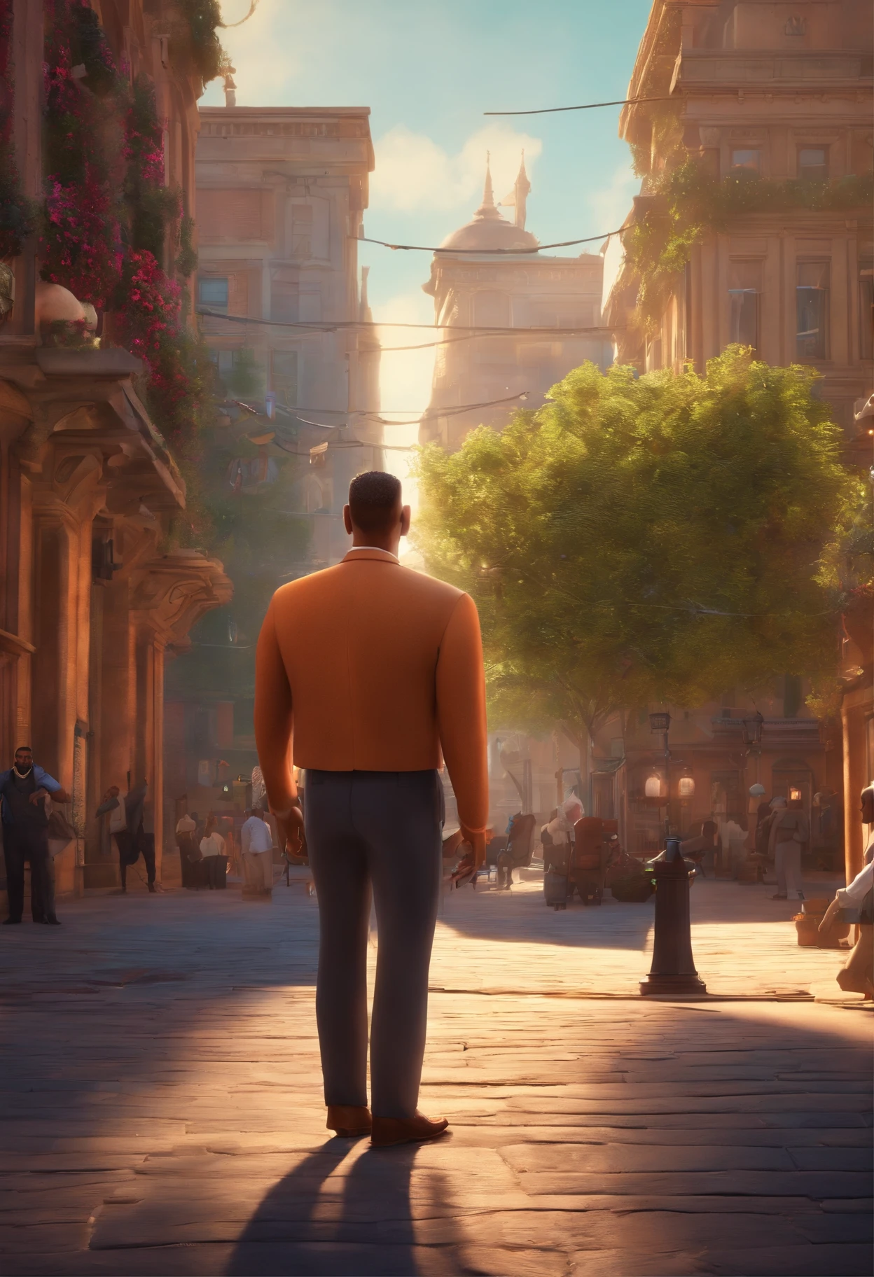 A city councilman looking at a dream project inspired by Pixar animation, de perto. The character takes center stage with captivating facial expressions, oferecendo um toque de irrealidade