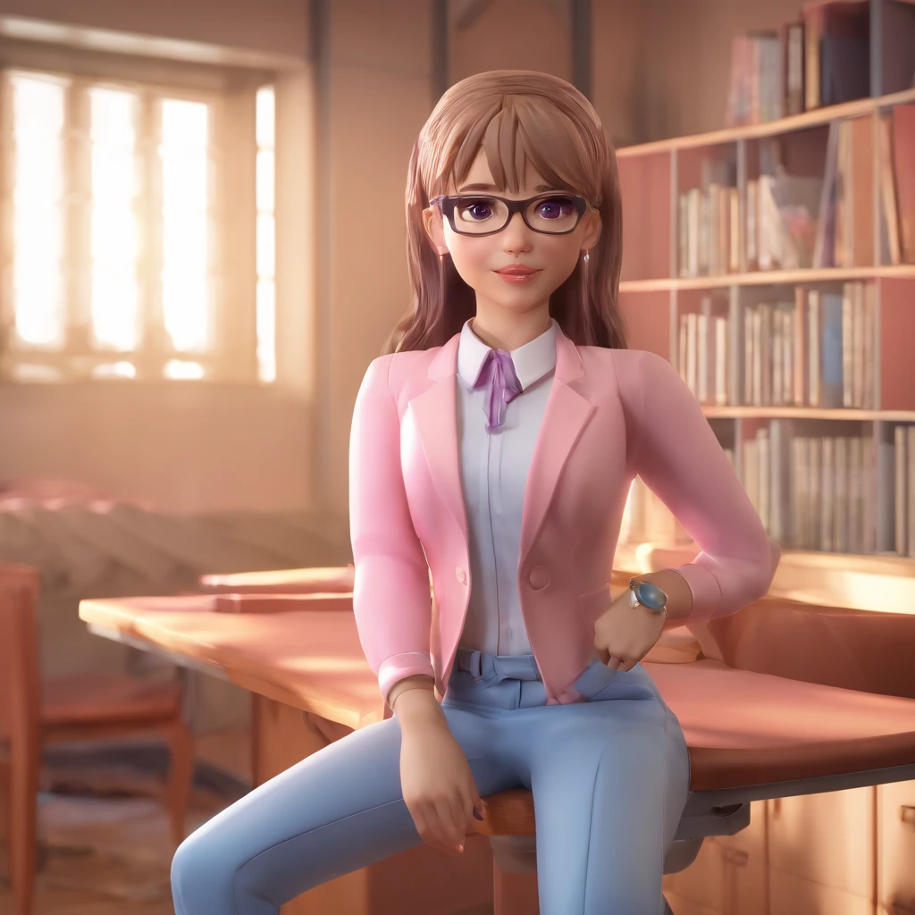 KyokoDG, 1girl, gravata, sozinho, suit jacket, camisa, Olhando para o Viewer, mangas compridas, camisa branca, camisa de gola, sentado na cadeira, sala de aula, sangue rosa,