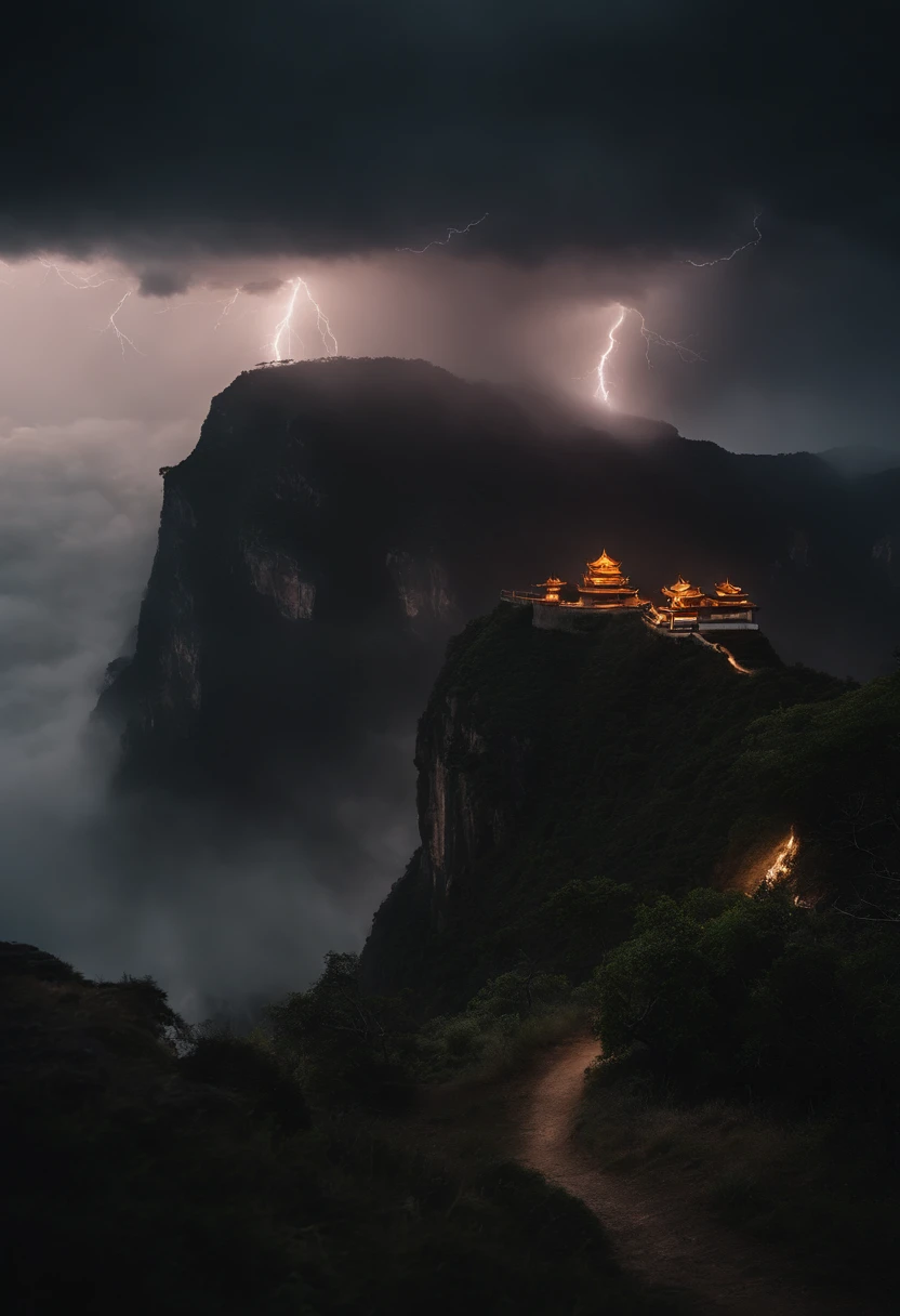 immortal,ember,Drive lightning and lightning,cliffside,Taoist,Lightning,surrounded by cloud