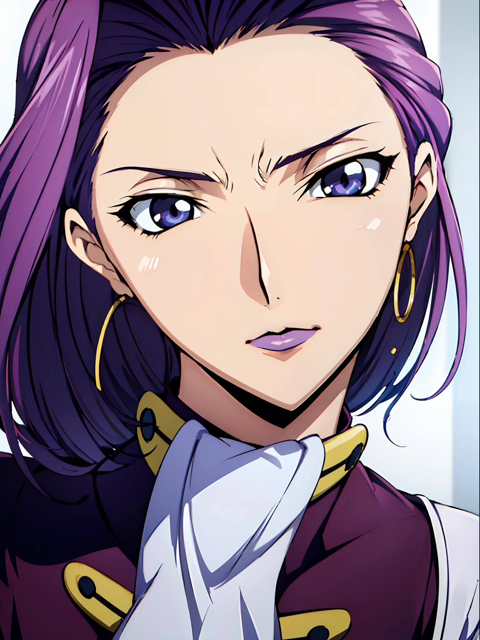 Simple white background,

purple outfit,Military, Military uniform,

Purple hair,Purple eyes, ((((straight Hair)))),makeup,

1 girl, 35yr old,milf,Beautiful Finger,Beautiful long legs,Beautiful body,

Beautiful nose,Beautiful character design, Perfect eyes, Perfect face,Expressive eyes,Perfect balance,

Looking at Viewer,(Focus on her face),Closed mouth, (Innocent_Big_Eyes:1.0),(light_Smile:0.3),

Official art,Highly detailed CG Unity 8k wallpaper, Perfect Lighting,Colorful, Bright_front_Face_Lighting,White skin,

(masutepiece:1.0),(best_quality:1.0), 超A high resolution,4K,Ultra-detailed,

Photography, 8K, nffsw, hight resolution, absurderes:1.2, Kodak Portra 400, Film grain, Blurry background, Bokeh:1.2, Lens Flare, (Vibrant_Color:1.2),professional photograpy,

(Beautiful,breasts:1.0), (Beautiful_Face:1.5),(narrow_waist),(((((((very_Short_hair))))))),(((((hoop_earrings))))), (((((hair slicked back)))))