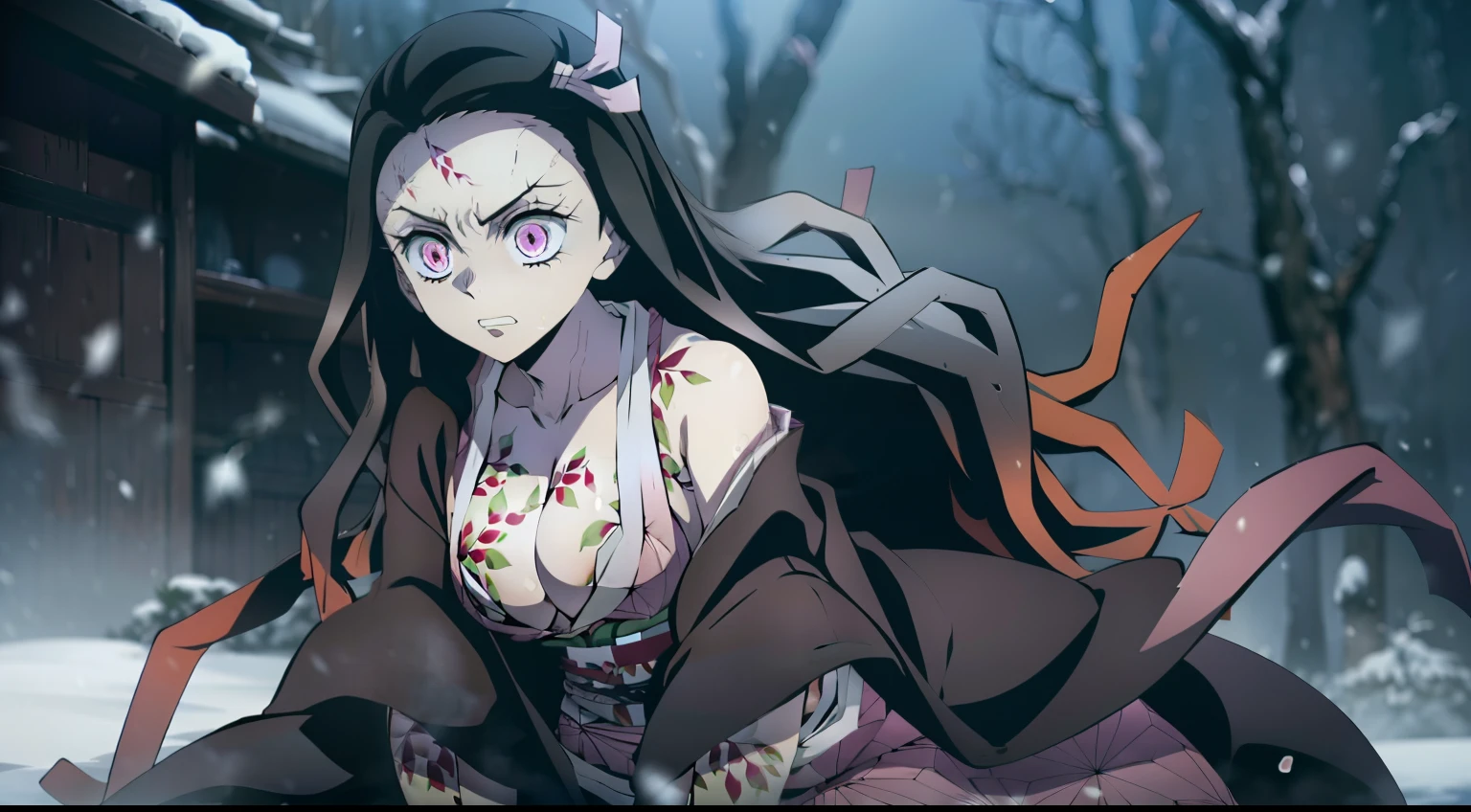 Masterpiece, Best Quality, 1girl, Humannezuko, slight smile, pink kimono, looking a viewer, sitting, potted, closed room, wooden room, wood house, perfect light, pink eyes, Sakura, snowing, combat, Battle, Battle, combat pose, (ultra-realistic photography by Nezuko Kamado, Goddesses of Beauty, bright pink eyes, angry, an angry expression, 8K, UHD, Beauty with beautiful breasts, elastic small breasts, sticking out of a kimono, Erotic, with long black hair and orange tips, sexy pink japanese kimono ), (nezuko, nezuko-chan, demon slayer artstyle, Kimetsu on Yaiba), Hentai Female Anime Character, (nezuko, In his demonic form, small breasts, voluminous breasts, sticking out of clothes, Her breasts stick out of her kimono, Demonstration of beautiful pointed breasts), ( She has tattoos in the form of leaves, Walking On Her Sexy Erotic Body), Demon Slayer Fan Art, Owning a kunai, Clean and detailed anime art, a very beautiful woman, Author: Kamagurka, Professional art, Perfect detail, (Nezuko kamado in his demonic form, основан на Demon Slayer kimetsu no yaiba), cleavage