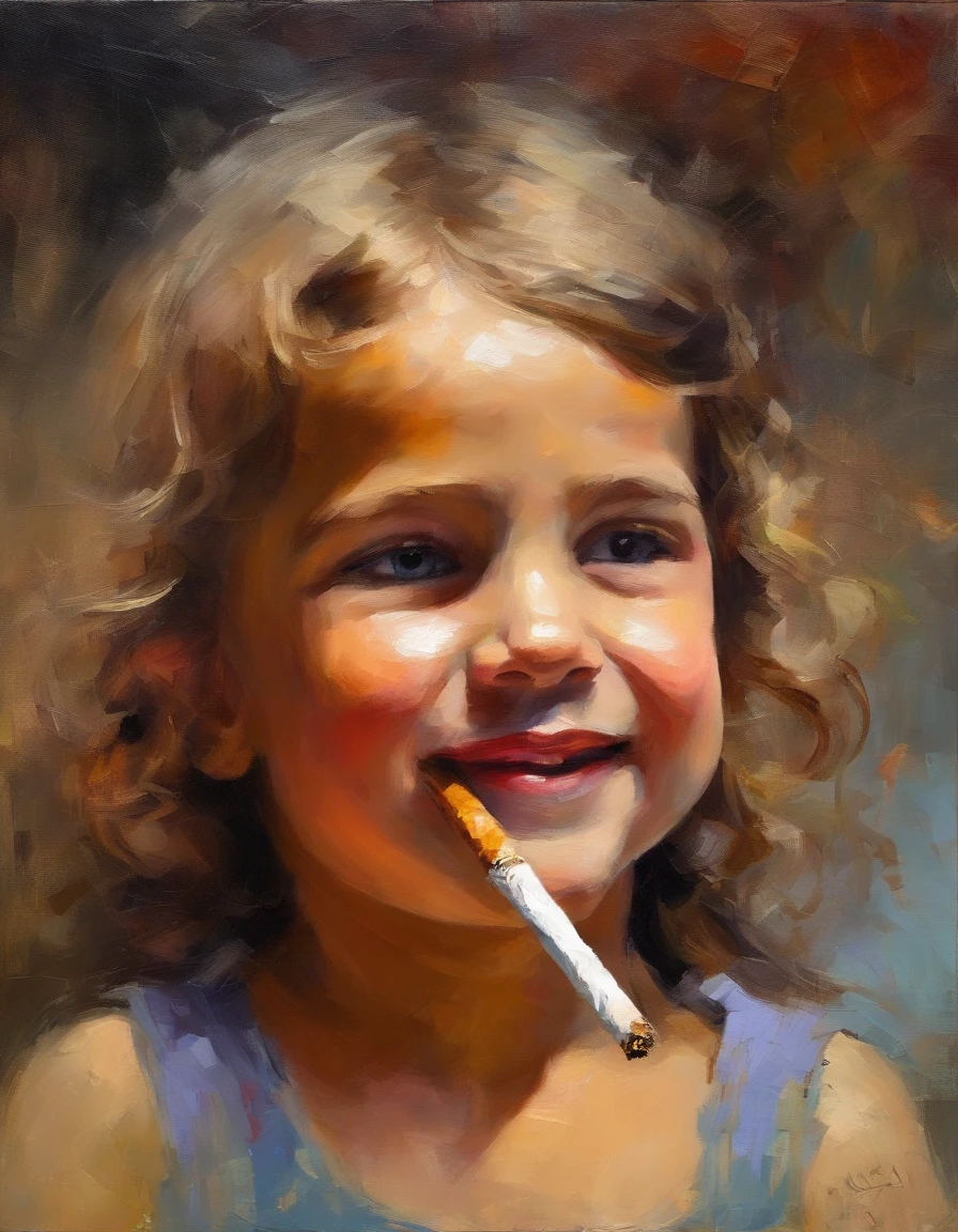 Child girl smoking cigarette, smile, blind eyes