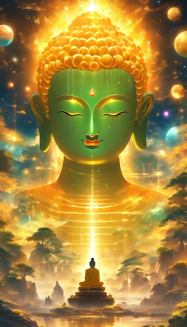 The huge transparent Buddha head is、Looking at the yellow planet in the soil of space,Glow effect,oc rendered