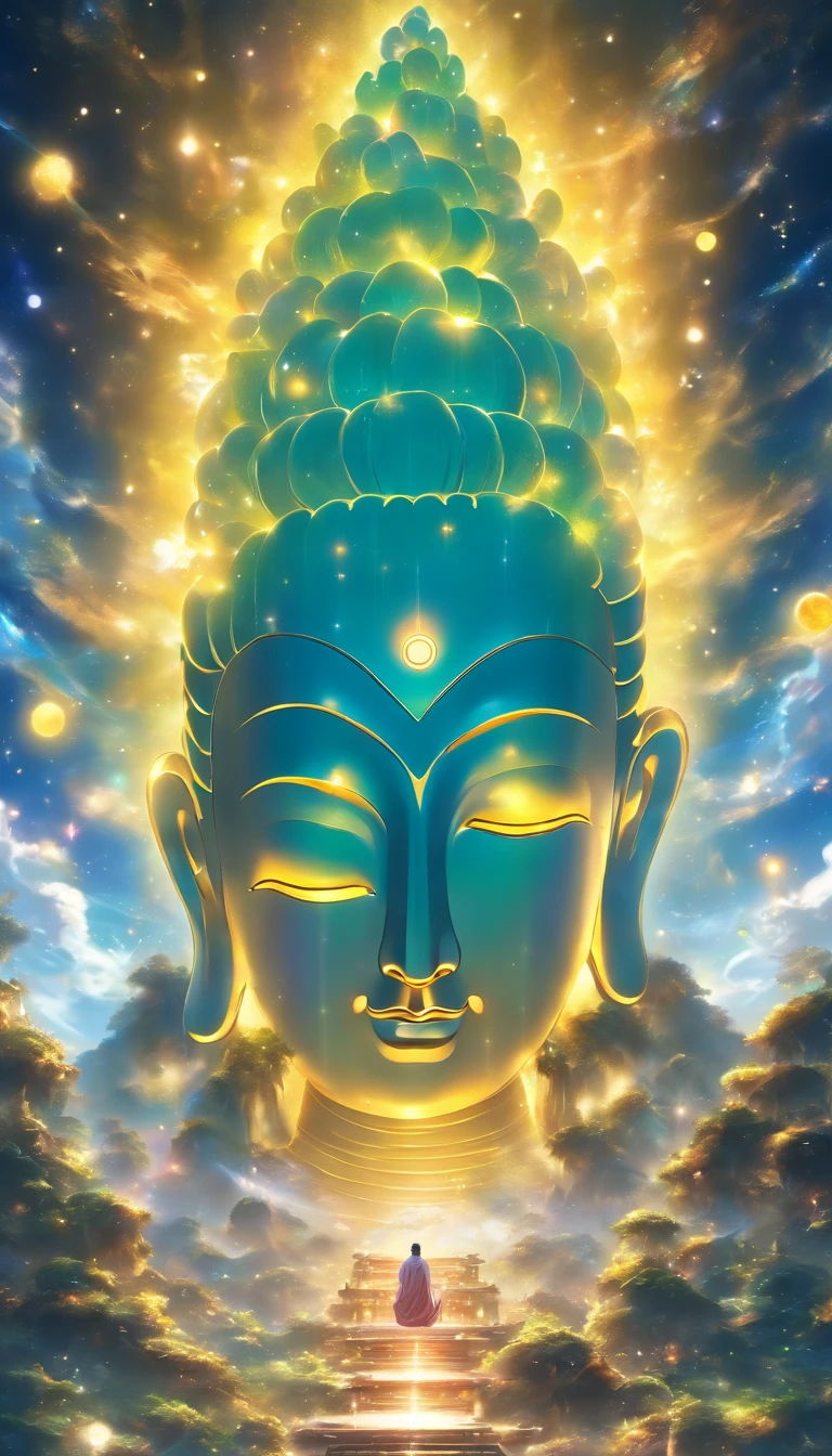 The huge transparent Buddha head is、Looking at the yellow planet in the soil of space,Glow effect,oc rendered