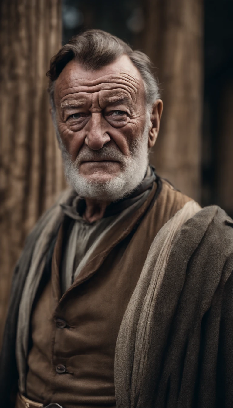 A portrait of john wayne as a wizard, bearded, wrinkled, weathered, with piercing eyes, detailed face, high details, photography, natural light, Nikon D850, 50mm, f/1.4,looking at viewer