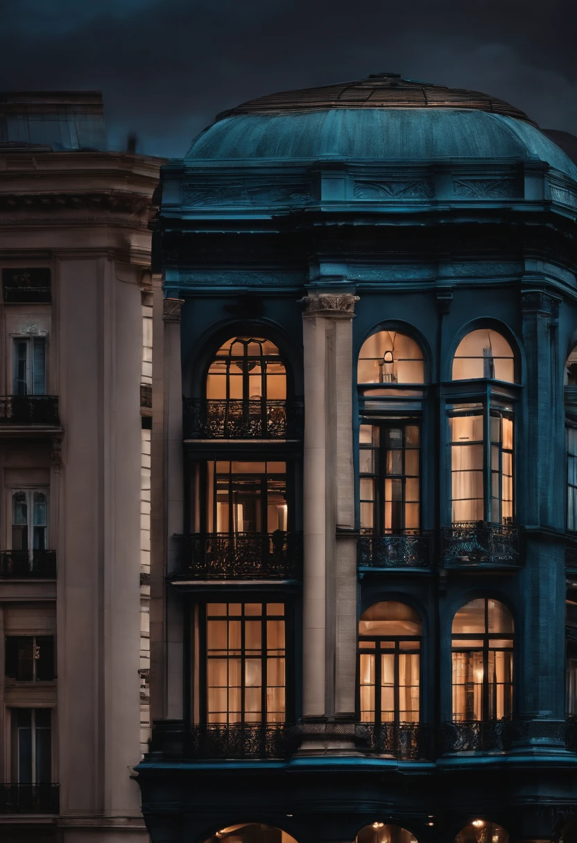Background color: dark palette, Mainly gray and black tones, With a blue undertone，Highlight the mysterious atmosphere.

central image: Illustration or photo of the Barbie building, Buenos Aires , Argentina. It should be a bottom-up view, Capture its majesty and antiquity. The windows of the building have dim lighting, One or two windows are fully lit, Prompt activity or presence.