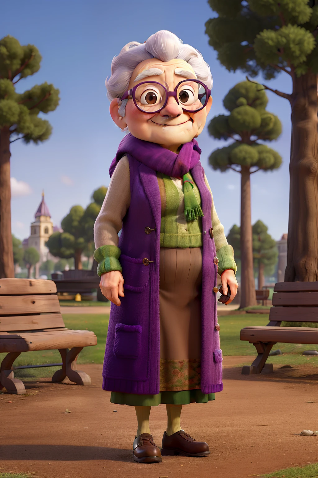 masterpiece, best quality, an old woman with glasses and a scarf on, wearing a purple coat and green scarf, standing at the park