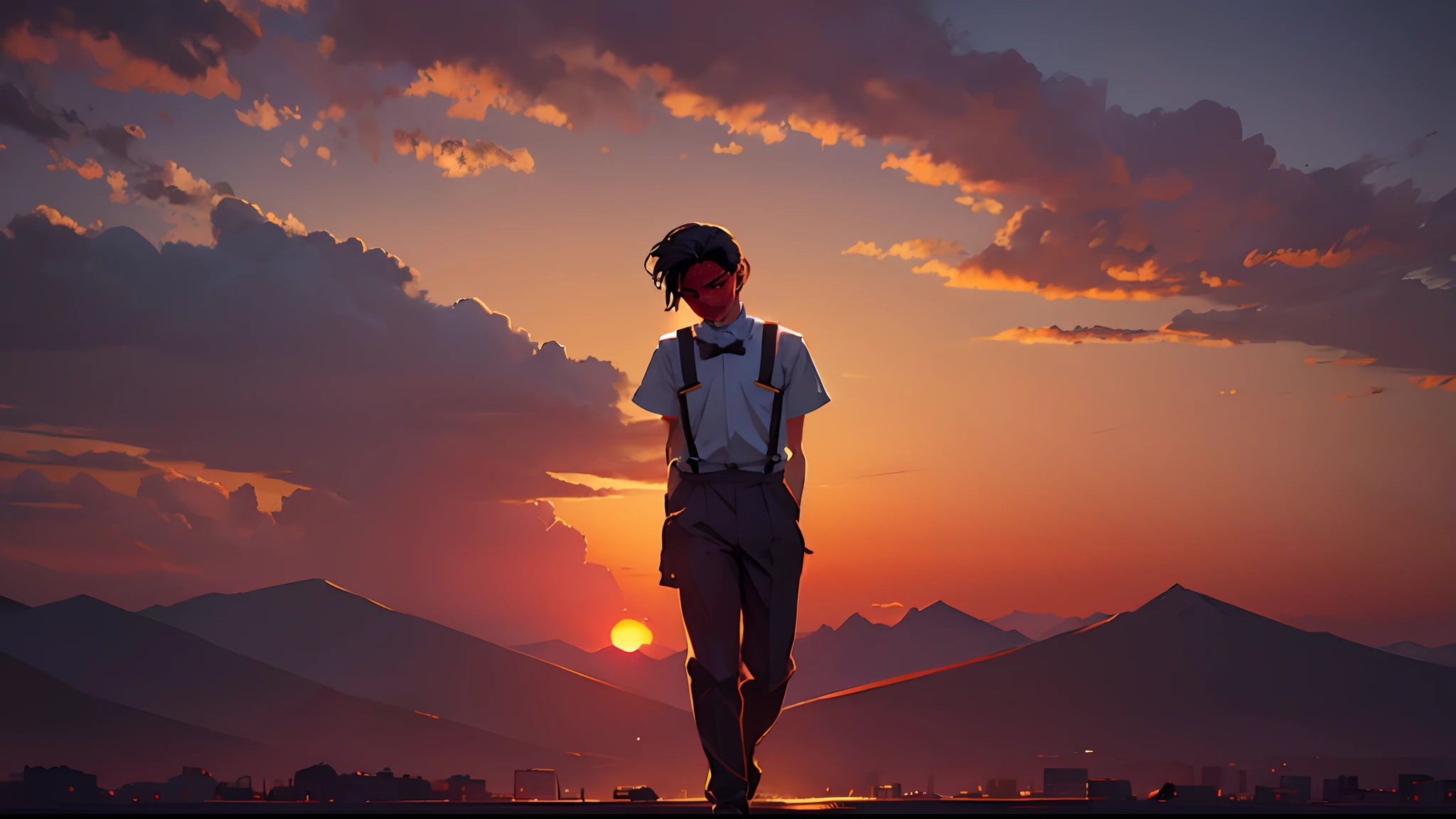 1 boy，Camera,Stance,profile,Blurry_Background, Squatting, Water, Bare_tree, Dog, motion_blur, Outdoors, Beach, lake,  ocean, Into the cloud, River,夏天, Sunset, Short_hair,