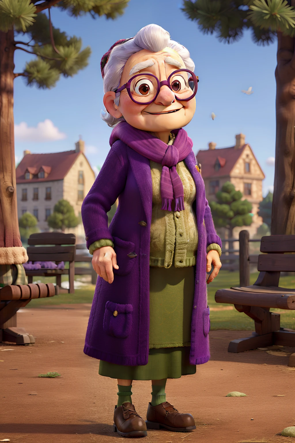masterpiece, best quality, an old woman with glasses and a scarf on, wearing a purple coat and green scarf, standing at the park