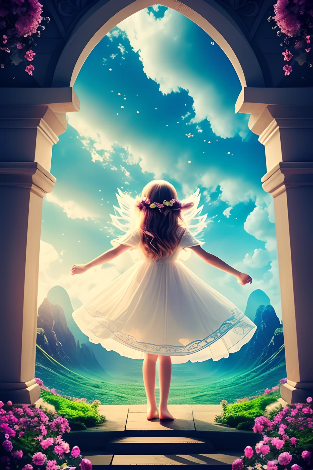 Beautiful girl symmetrical face, symmetrical eyes, highly detailed, spreading her wings, glide over the seas, the cascading mountains and remind yourself of the beauty that surrounds you in the silence of the world, Remember a time when you were free when your inner child took you to these places every day, twirling through the fields, heart racing with joy and laughter. Never ever forget your inner child, its that very child who frees your heart to the wonder of the world, mystical magical fantasy enchanted ethereal, cinematic shot, cinematic scene, stunning, breathtaking, a sense of magic in the air, magical fantasy, diffused lighting