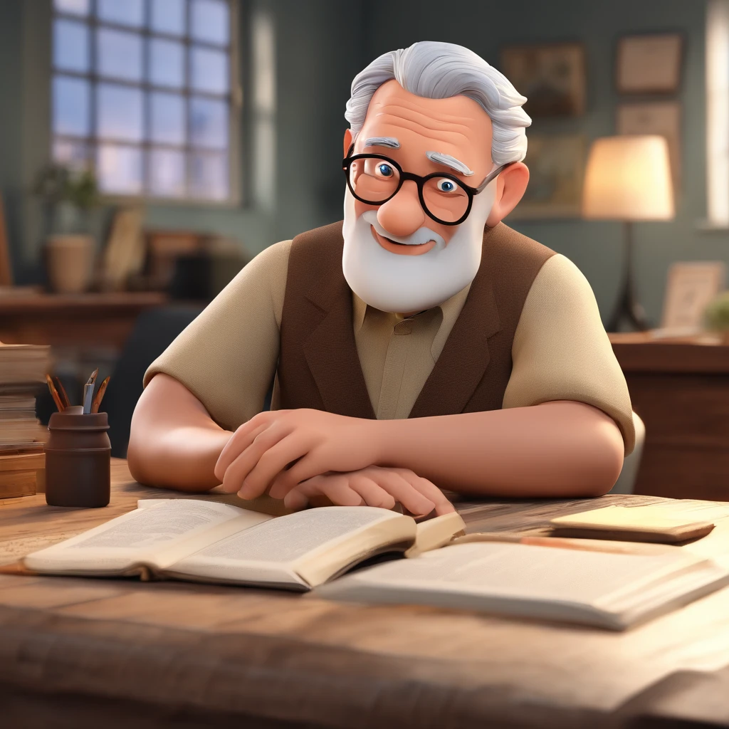 Crie um cartaz inspirado na Disney Pixar com o personagem sendo o pastor Rubens Janier, A gray-haired man wearing glasses, in an office with a Bible on the table