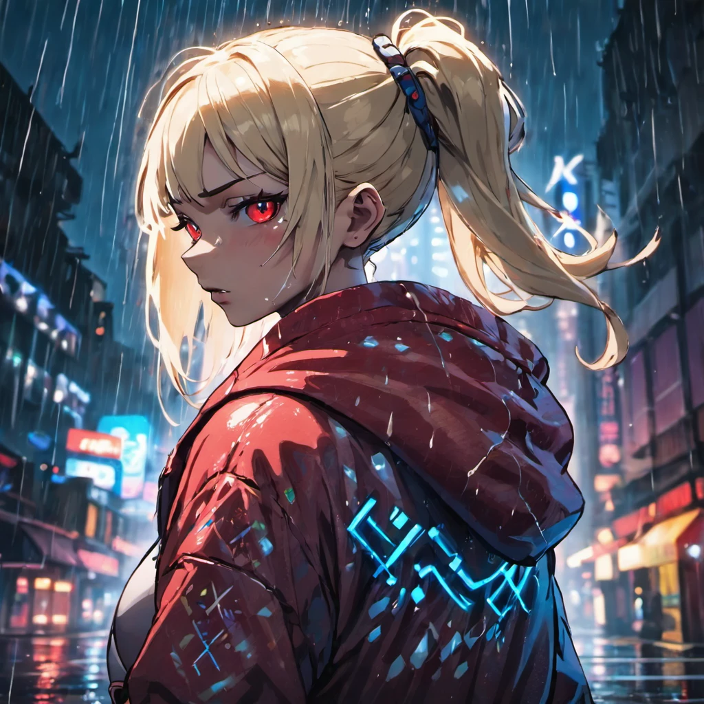 Closeup photograph, confident young cyberpunk woman with blonde and white hair in a bun, wearing a hoodie with red and blue designs on it, in a rain soaked street at night, photorealistic, cinematic lighting