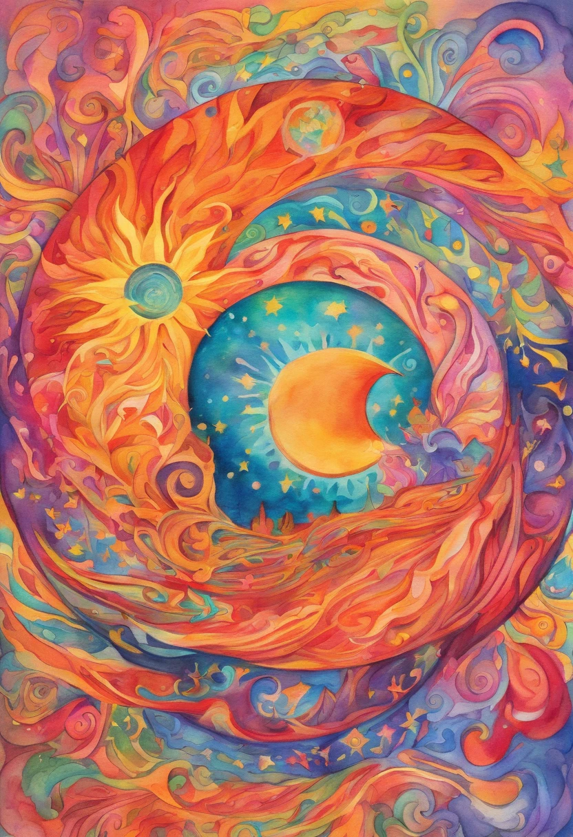 Vivid watercolor pencil drawing of a sun and moon in one surrounded by earth,wind, water, and fire and spins diagonally on its axis. Sketched in 10 strokes.