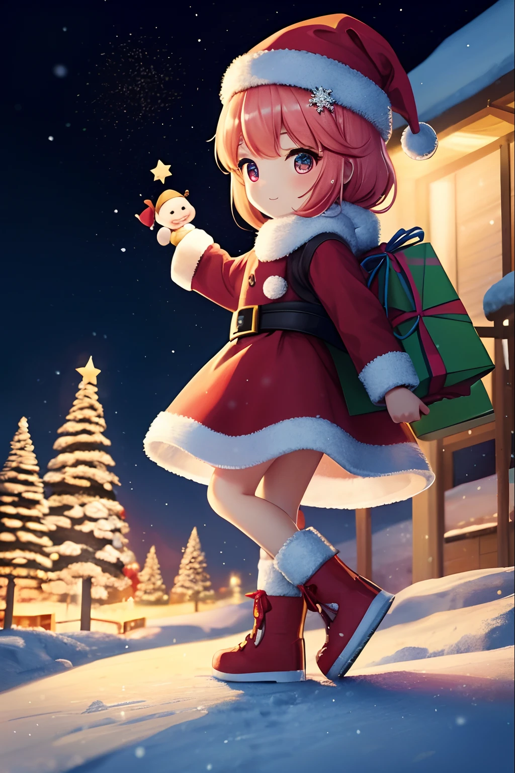 Santa Claus happily carrying presents、Santa is a pretty girl、Chibi Doll、Stars in the eyes（kirakira）、Eye Up、Laugh、Cute red shoes、foco nítido, Ultra Detail, radiant light、bio luminescent、snowscape、It's snowing、Snowboard Riding、Draw a large snowflake in the foreground、Taken from the side、Stronger bokeh effect