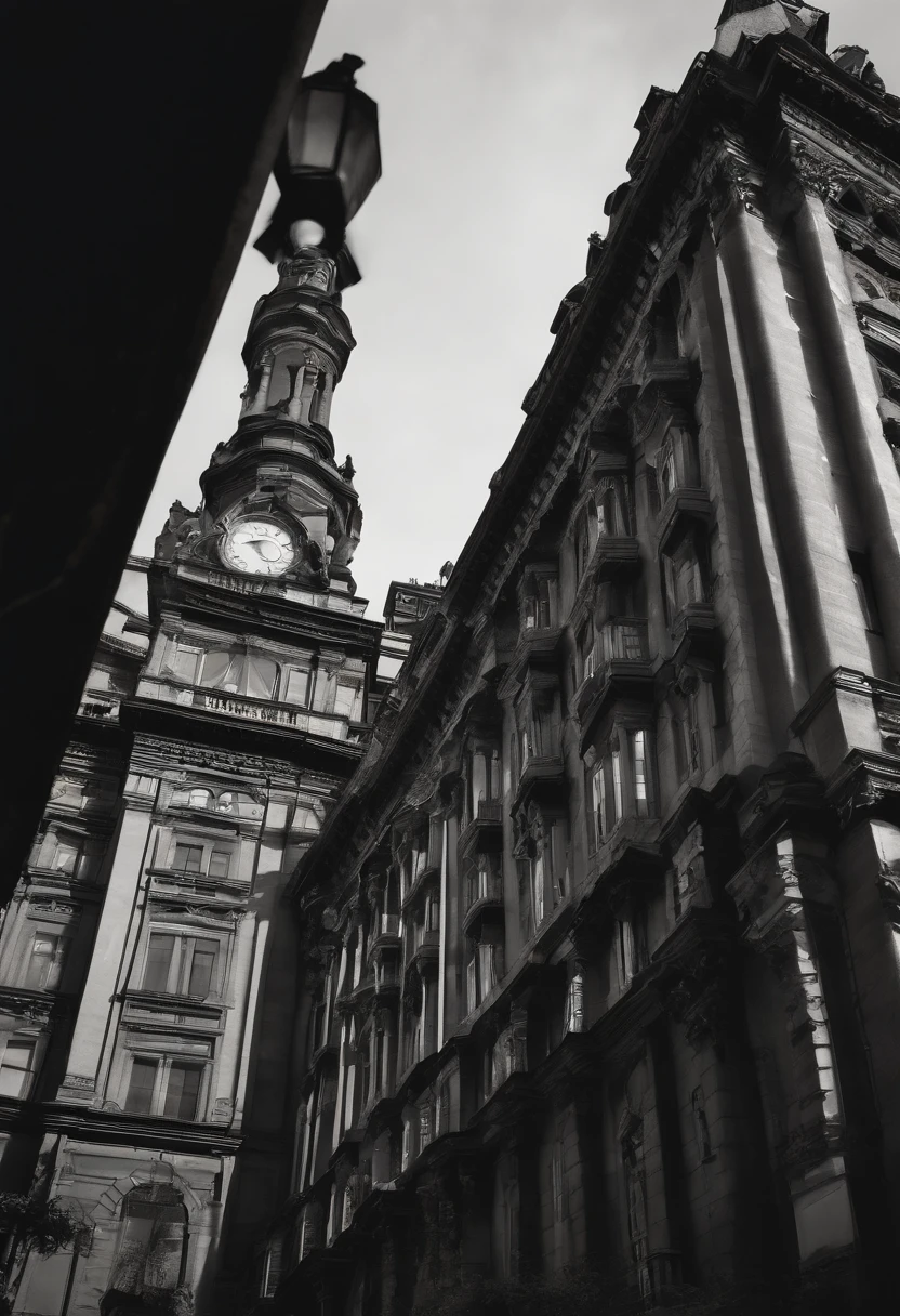 Background color: dark palette, Mainly gray and black tones, With a blue undertone，Highlight the mysterious atmosphere.

central image: Illustration or photograph of the Lucerne building, Buenos Aires , Argentina. It should be a bottom-up view, Capture its majesty and antiquity. The windows of the building have dim lighting, One or two windows are fully lit, Prompt activity or presence.

shadowing: Silhouettes of three characters (kalos, Eliza and Geraldo) Stand in a dark hallway, There is an antique lamp hanging on it, Reveal them. In Alyssa's hands, The silhouette of the revolver is almost invisible.