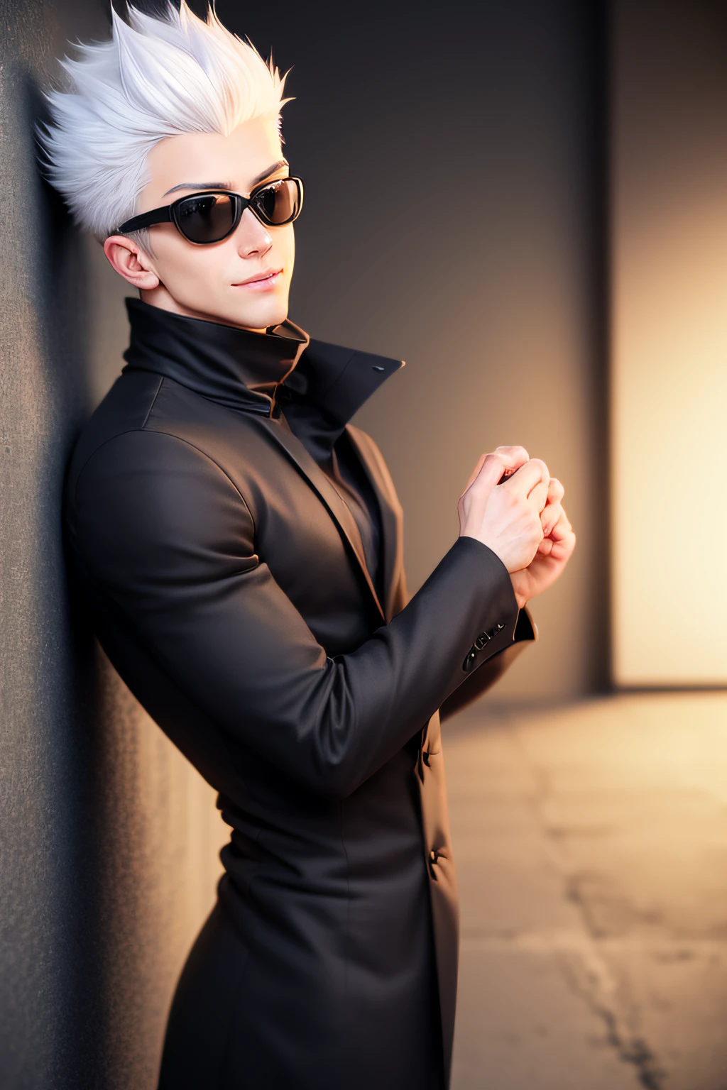 a handsome guy with a pompadour hair from anime, smile, clean shave, white hair, wearing a black plain loose long coat, eyes closed, blindfolded, modern black outfit, very handsome, standing pose, detailed face, detailed masculine body, (reality: 1.4), (A hyper-realistic), (high resolution), (8K), (highly detailed), ( Best Illustration), (eyes close), (ultra-detailliert), Bright lighting, Professional Lighting, The background is dirty wall with graffiti., floating lighting around.,