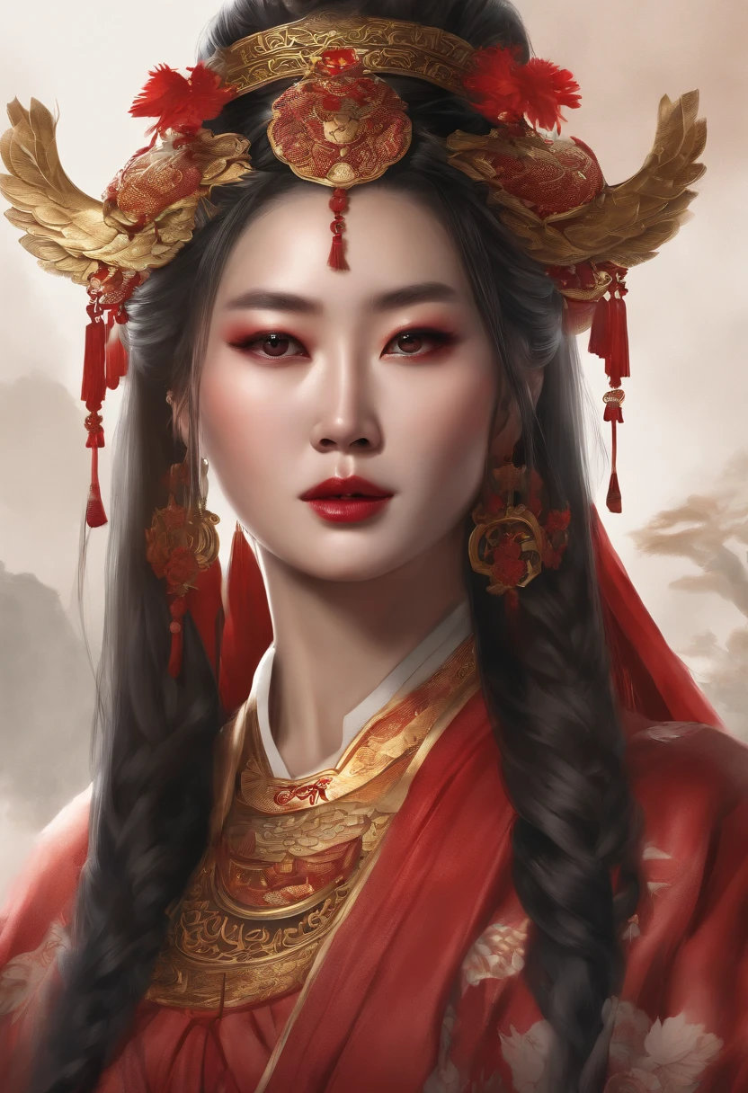 (best quality,4k,8k,highres,masterpiece:1.2),ultra-detailed,(realistic,photorealistic,photo-realistic:1.37),red-faced Qin Qiong tattoo design,red-faced Qin Qiong,new traditional tattoo style,2D,flat vector,character design,T-shirt design,Chinese style,vector art,fantasy art,watercolor effect,digital paint,clean white background,8K--with 9:16,horror,folklore,cthulhu,crimson,dark