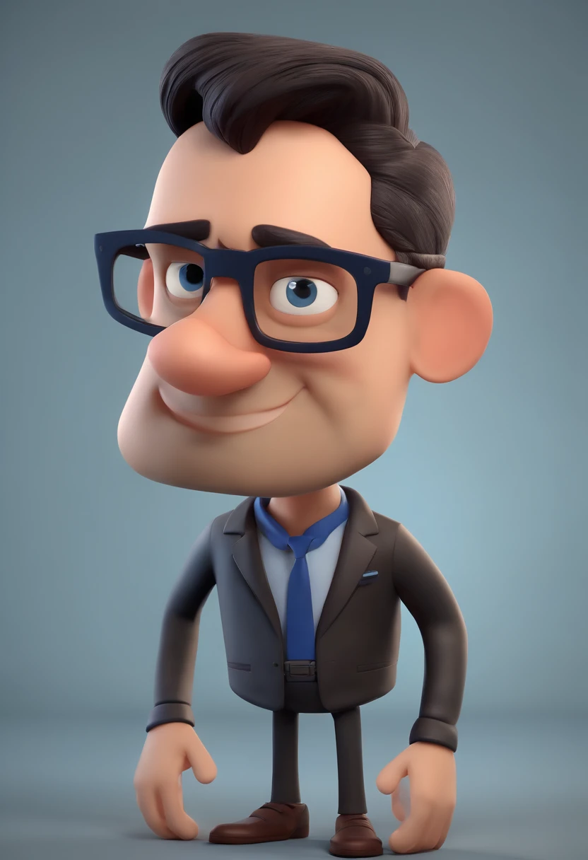 Cartoon character of a man with black glasses, cabelo cacheado marrom escuro e uma camisa azul, animation character, Caractere estilizado, animation style rendering, 3D estilizado, Arnold Maya render, 3 d render stylized, toon render keyshot, Personagem 3D, Personagem 3D, 3d rendering stylized, 3 d character render, personagem de desenho animado, Personagem de close up, Pose de personagem, (Estilo Pixar) (master part:1.2) (Bokeh) (best quality) (pele detalhada) (textura detalhada) (8k) (argila) (Cinematic lighting) (foco nítido