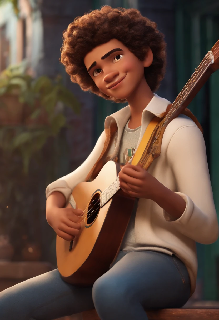 crie um banner no estilo Pixar. A boy with Brazilian features, moreno com cabelos curtos, Castanhos escuros, Appearance: short hair and short beard, mas jovem, usando uma camiseta, Wearing jeans and holding a classical guitar with 6 strings.