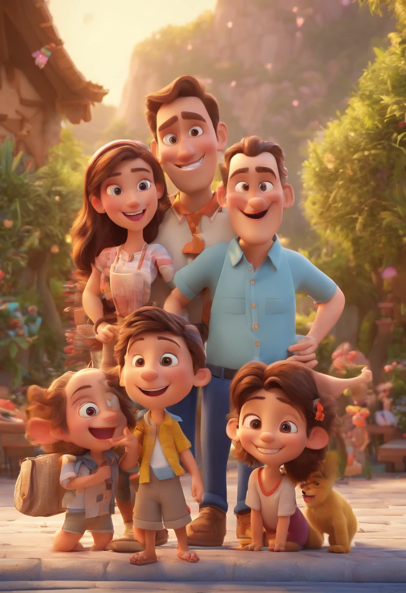 Cartoon of family having fun on vacation together, 3D Animation Movie Poster, Poster de filme animado, pixar 3 d animation style, pixar renderman rendering, maia 8 mil, animated film, Disney Pixar Estilo 3D, Happy family hang out together, all wearing light blue shirts and cream brown long pants, camisa azul clara, cream brown pants, ao ar livre, vacation, Disney Pixar Animation Poster